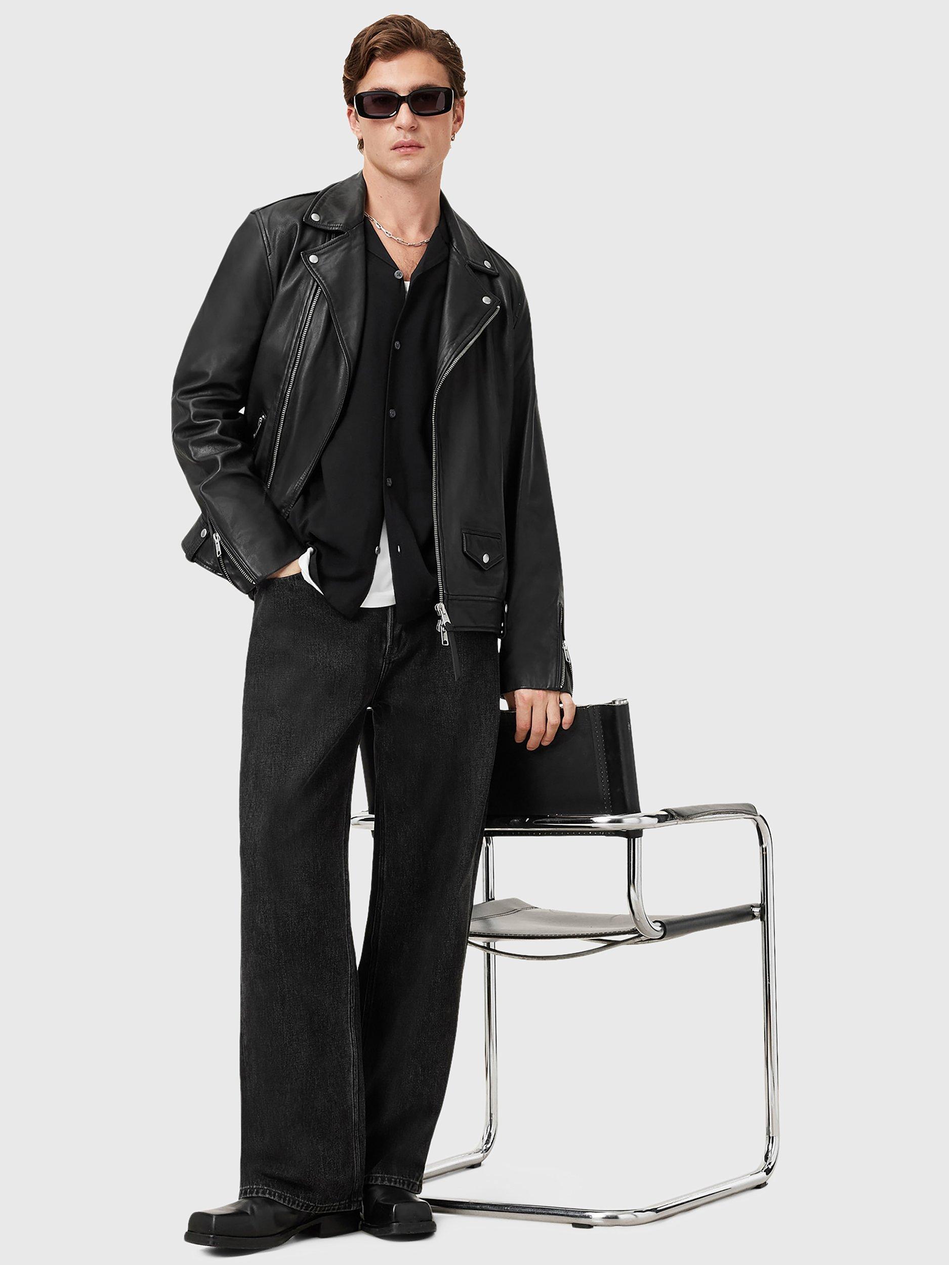 Product image 9 of 10, which shows AllSaints Milo Asymmetric Zip Leather Biker Jacket, Black, L