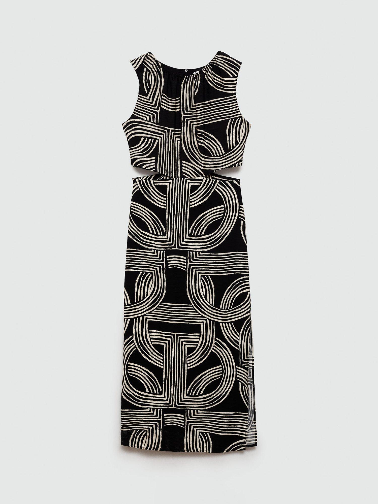 Mango Olimpio Print Waist Cut Out Dress, Black/Ivory, 24