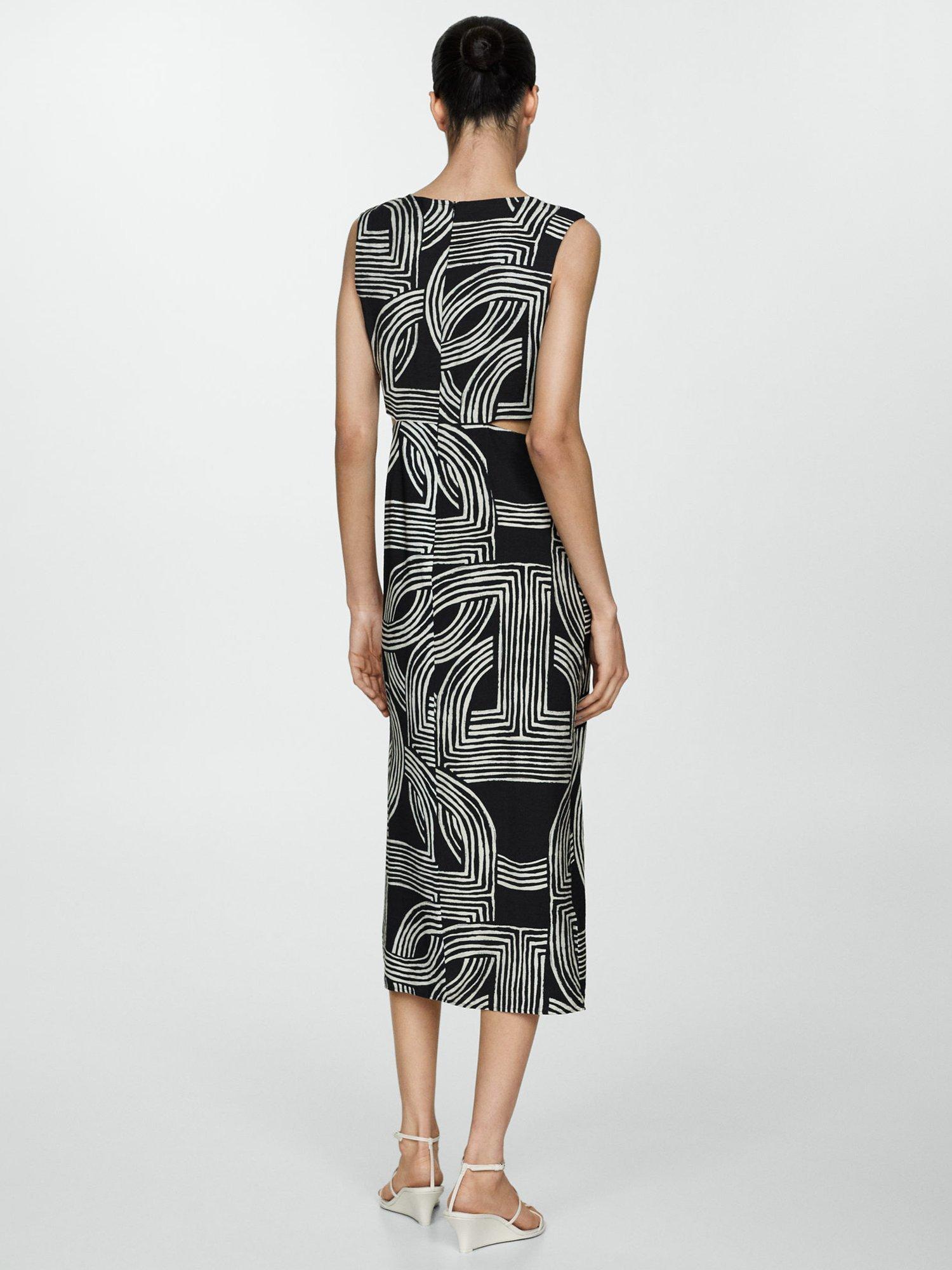 Mango Olimpio Print Waist Cut Out Dress, Black/Ivory, 24