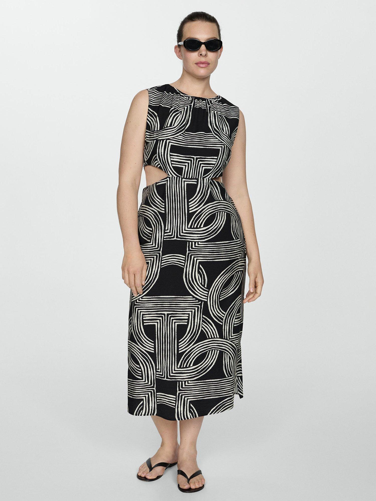 Mango Olimpio Print Waist Cut Out Dress, Black/Ivory, 24