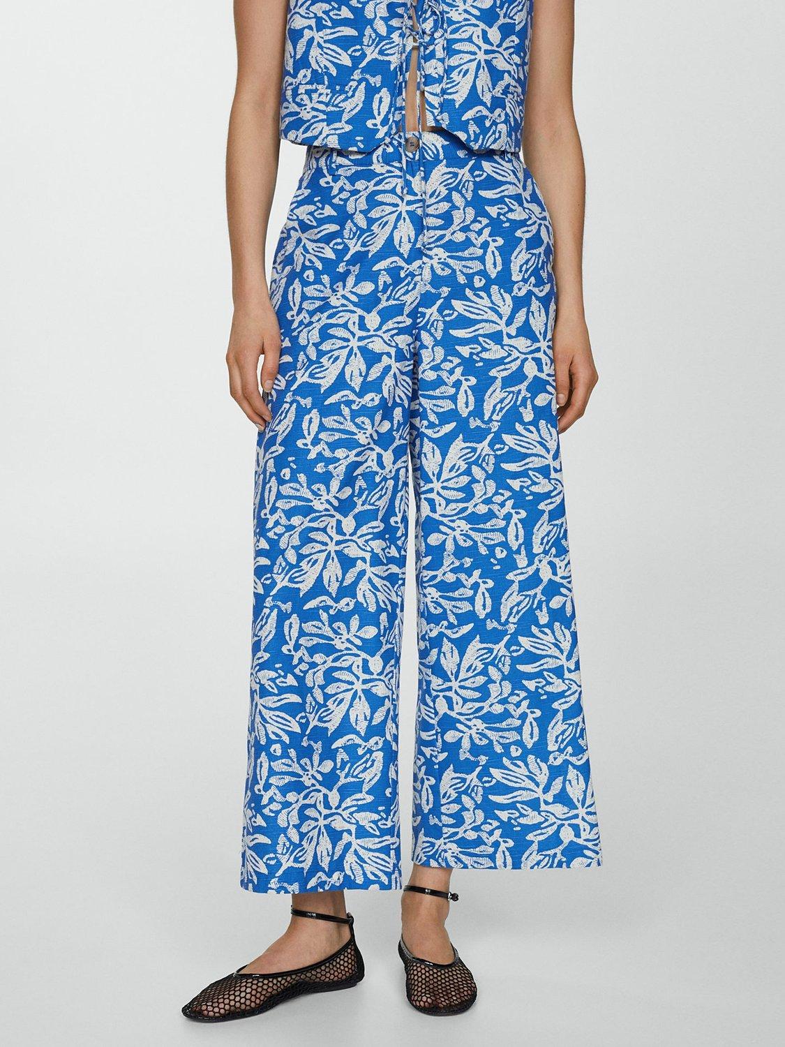 Mango Ocean Floral Wide Leg Trousers, Blue/White