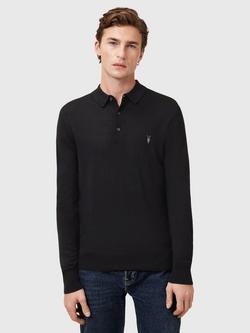 AllSaints Mode Merino Long Sleeve Polo Shirt, Black