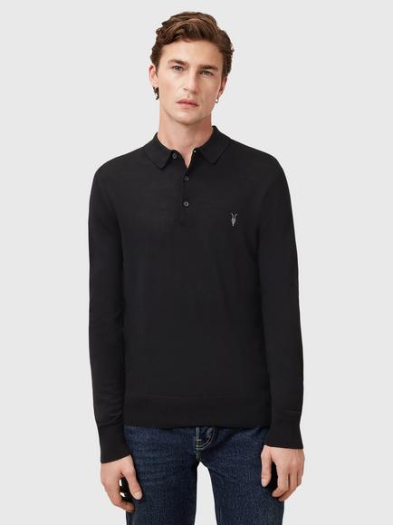 AllSaints Mode Merino Long Sleeve Polo Shirt, Black