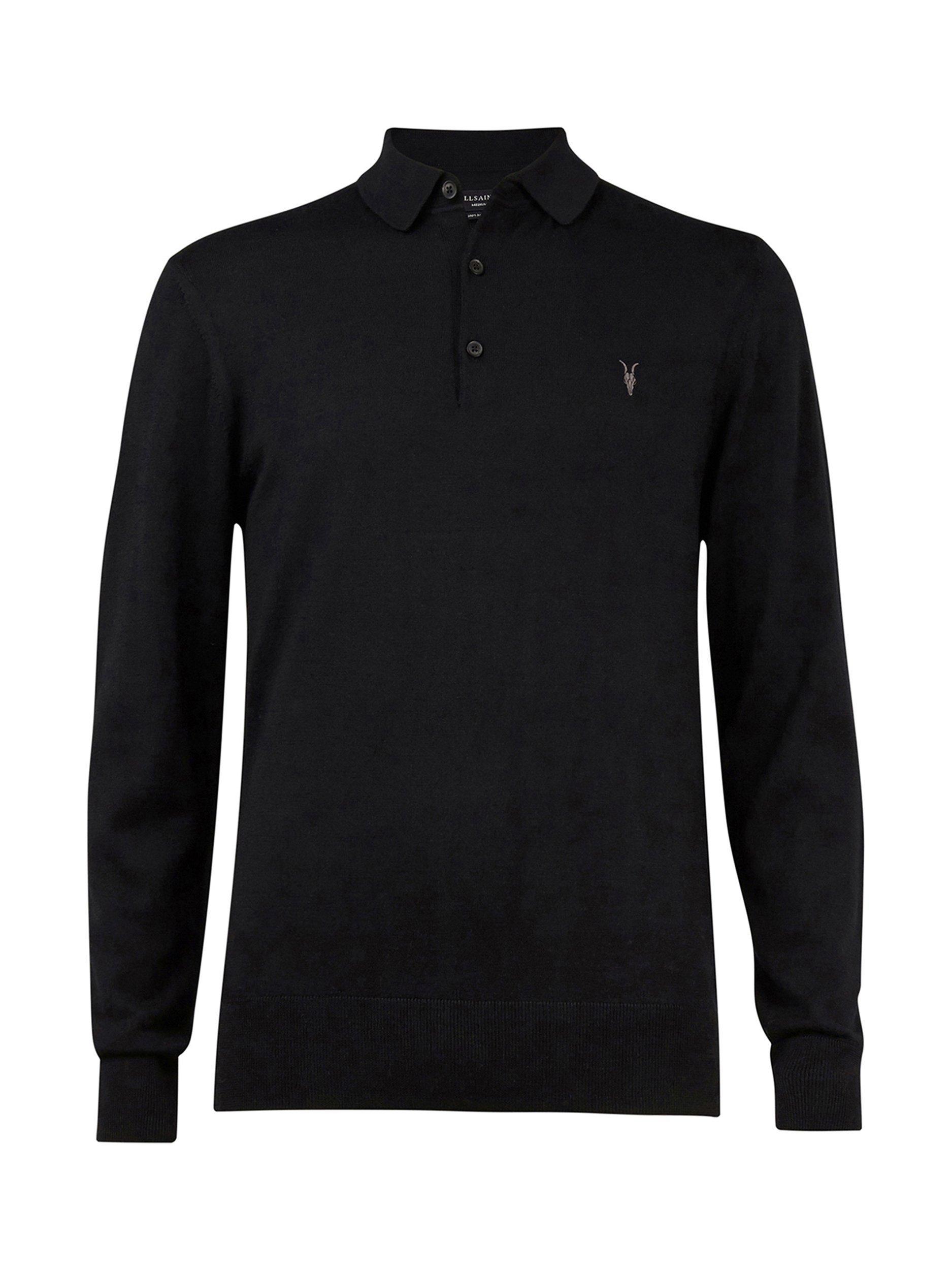Product image 4 of 8, which shows AllSaints Mode Merino Long Sleeve Polo Shirt, Black, L