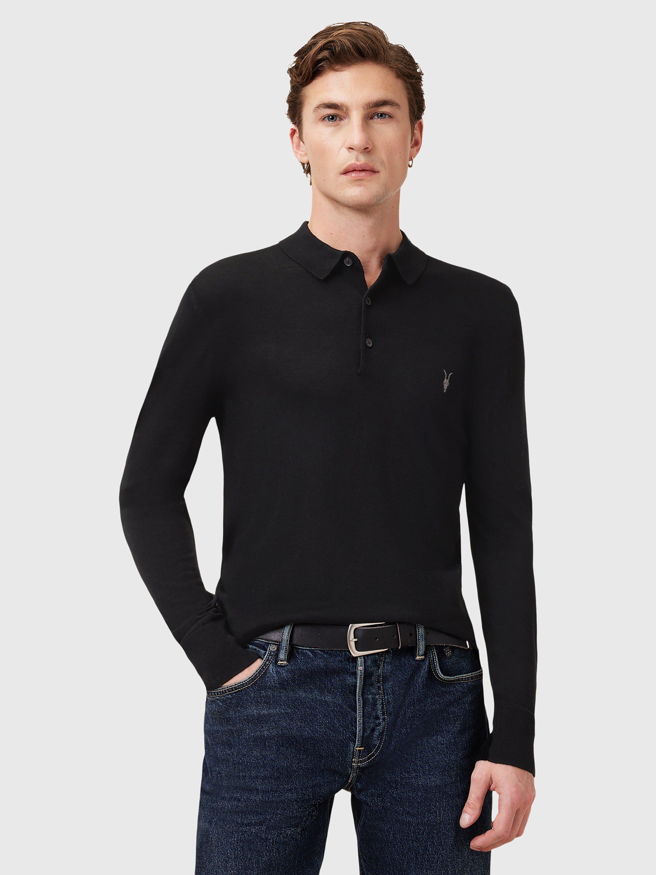 Product image 5 of 8, which shows AllSaints Mode Merino Long Sleeve Polo Shirt, Black, L