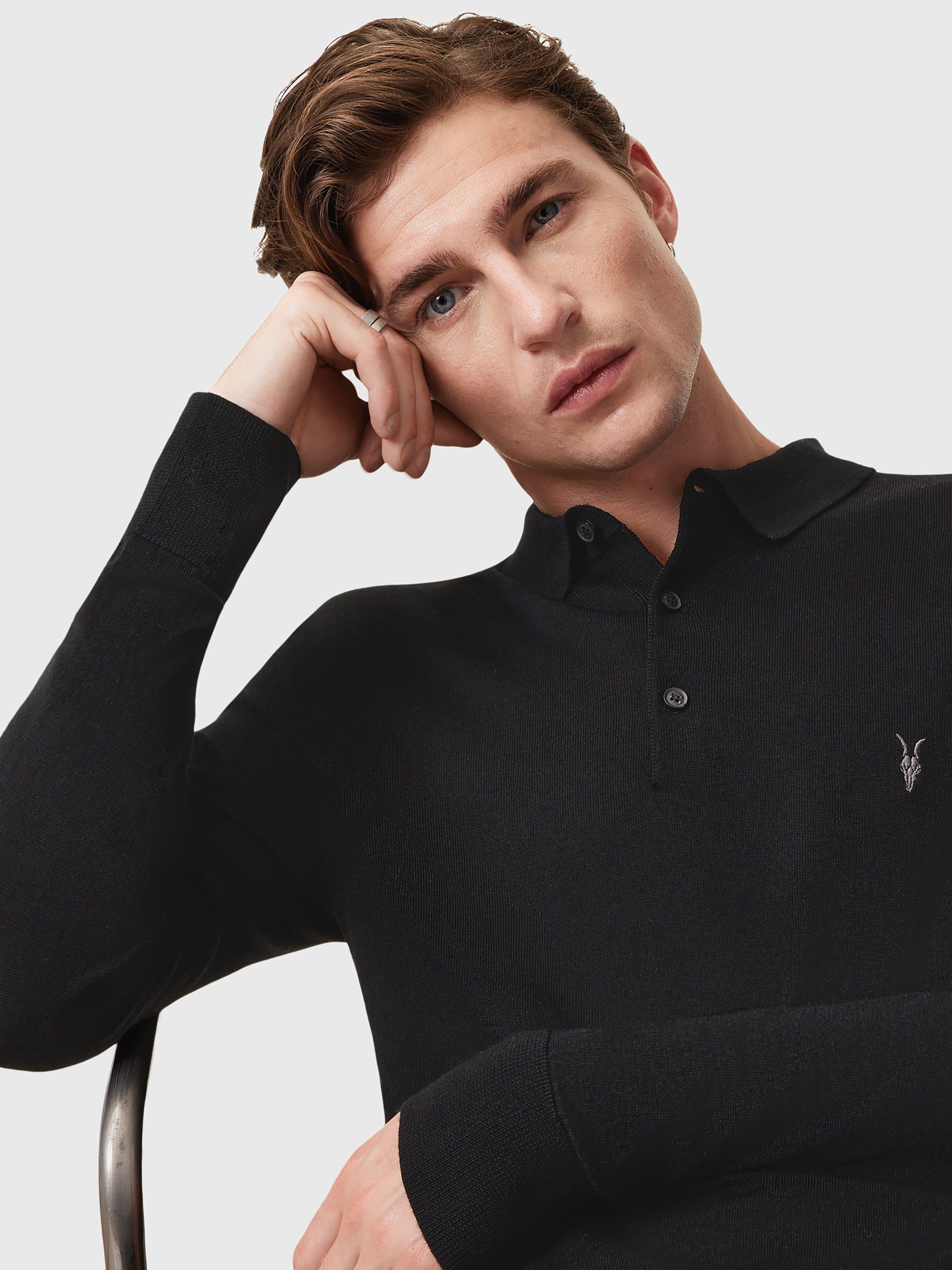 Product image 6 of 8, which shows AllSaints Mode Merino Long Sleeve Polo Shirt, Black, L