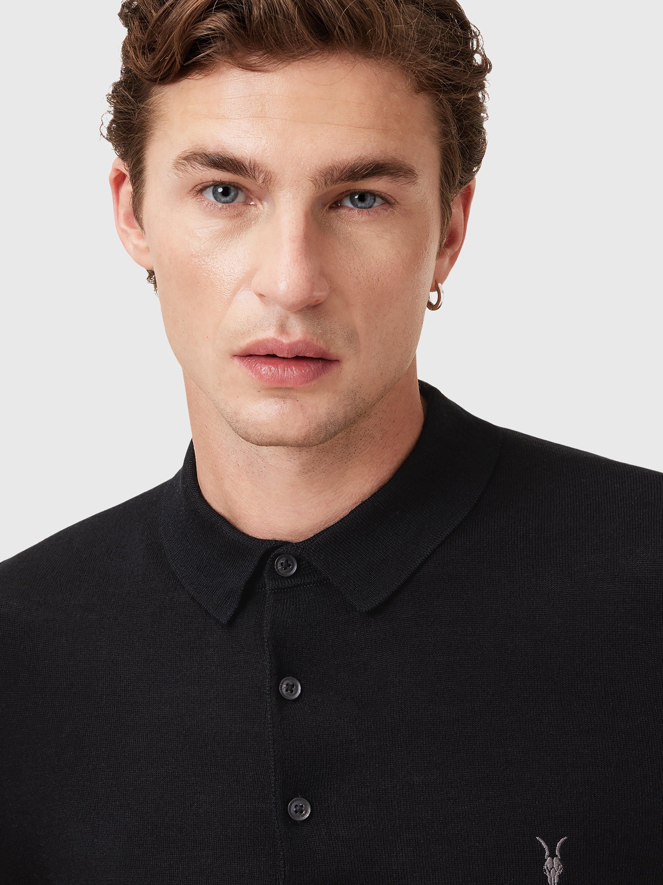 Product image 8 of 8, which shows AllSaints Mode Merino Long Sleeve Polo Shirt, Black, L