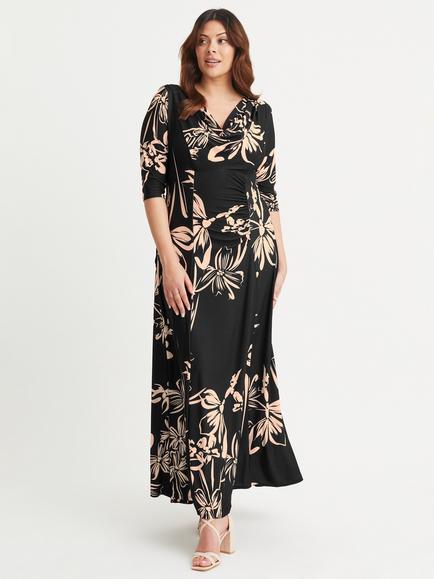 Scarlett & Jo Floral Cowl Neck Dress, Black/Cream, Black/Cream