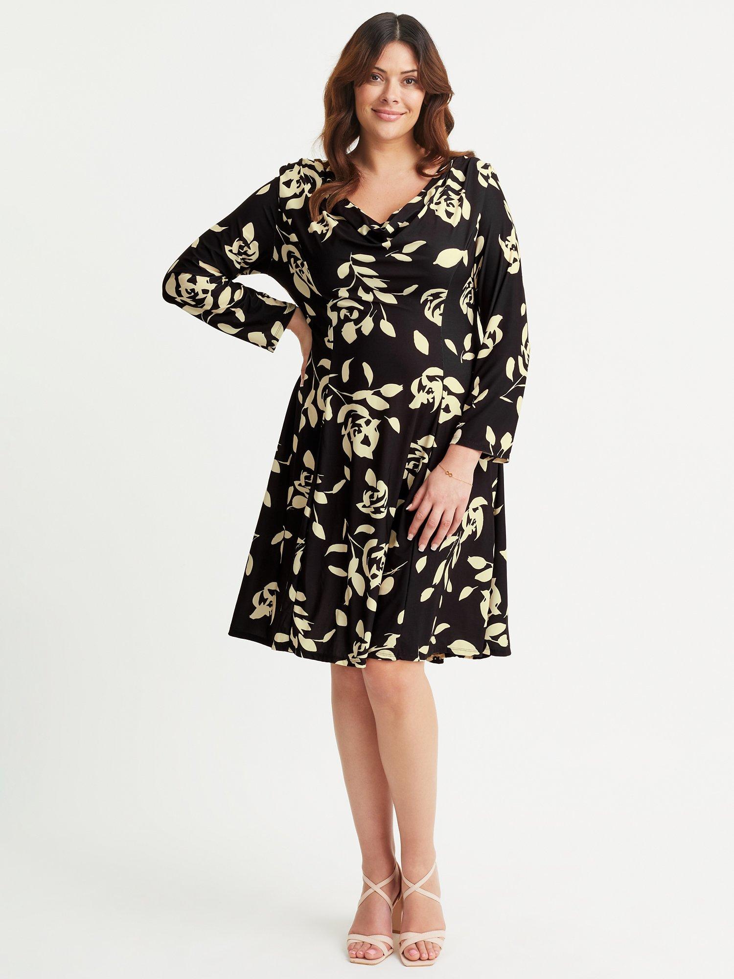 Product image 1 of 4, which shows Scarlett & Jo Floral Cowl Neck Fit & Flare Dress, Black/Cream, 20