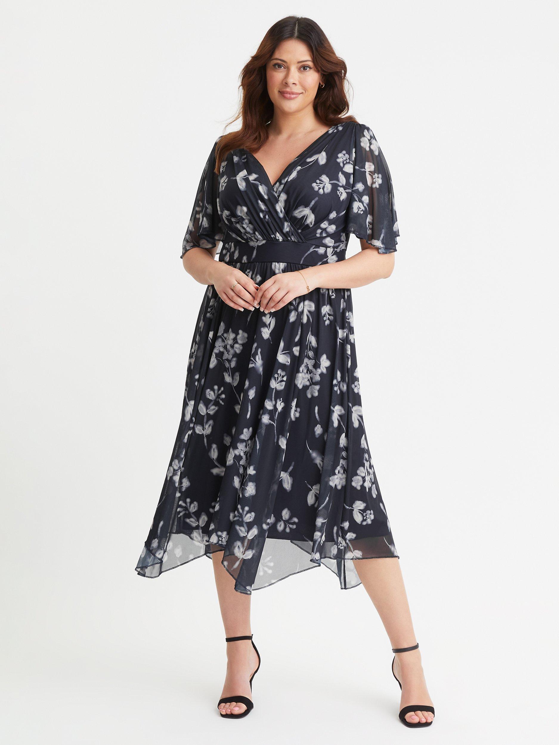 Scarlett & Jo Julie Floral Hanky Hem Dress, Black/Multi
