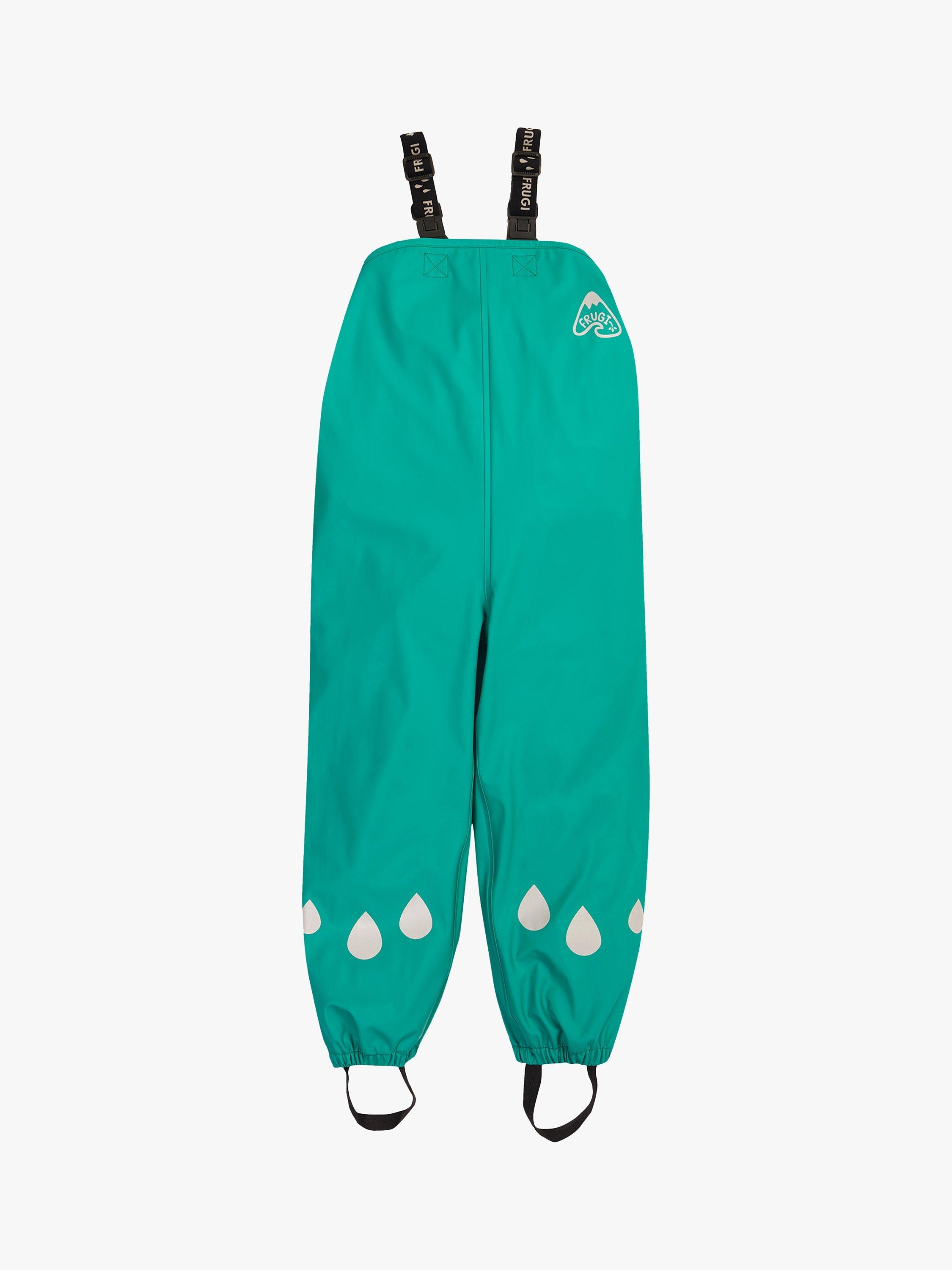 Product image 1 of 6, which shows Frugi Kids' Puddle Buster Waterproof Trousers, Iguana, 1-2 years