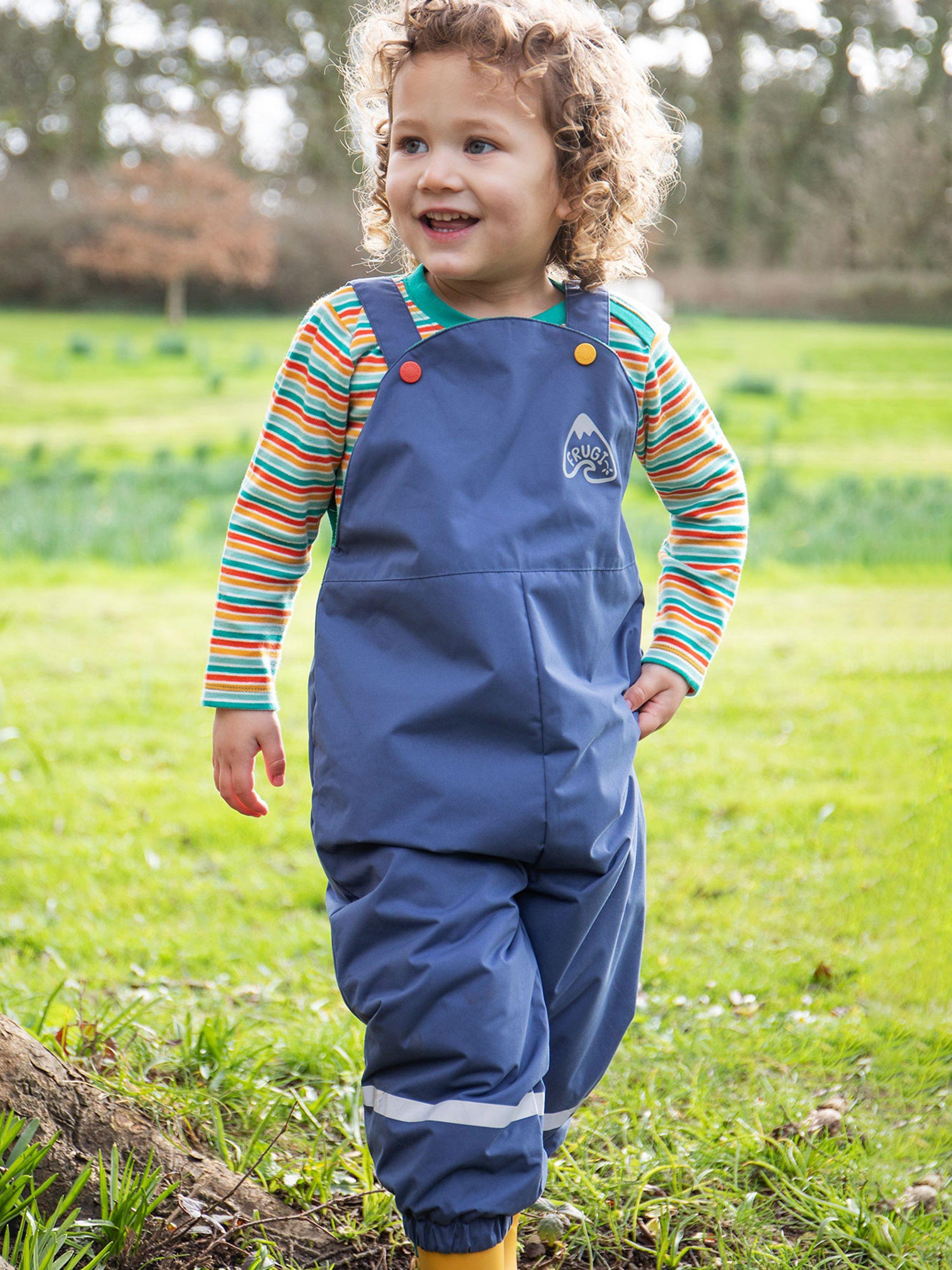 Product image 2 of 6, which shows Frugi Kids' Waterproof Dungarees, Navy Blue, 6-9 months