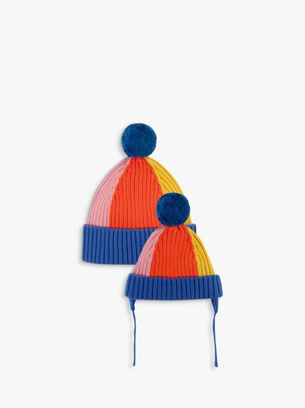 Frugi Kids' Rainbow Ribbed Bobble Hat, Blue Tang/Rainbow