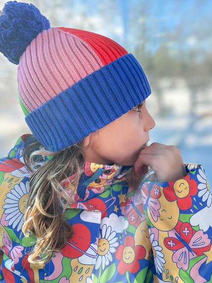 Frugi Kids' Rainbow Ribbed Bobble Hat - view 2, Blue Tang/Rainbow