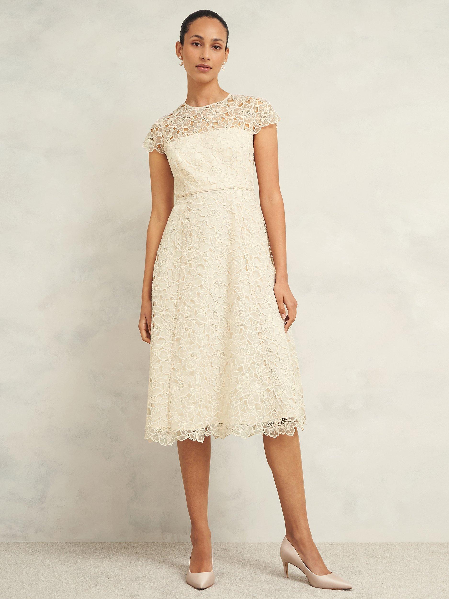 Product image 1 of 9, which shows Hobbs Johanna Lace Dress, Oyster, 14