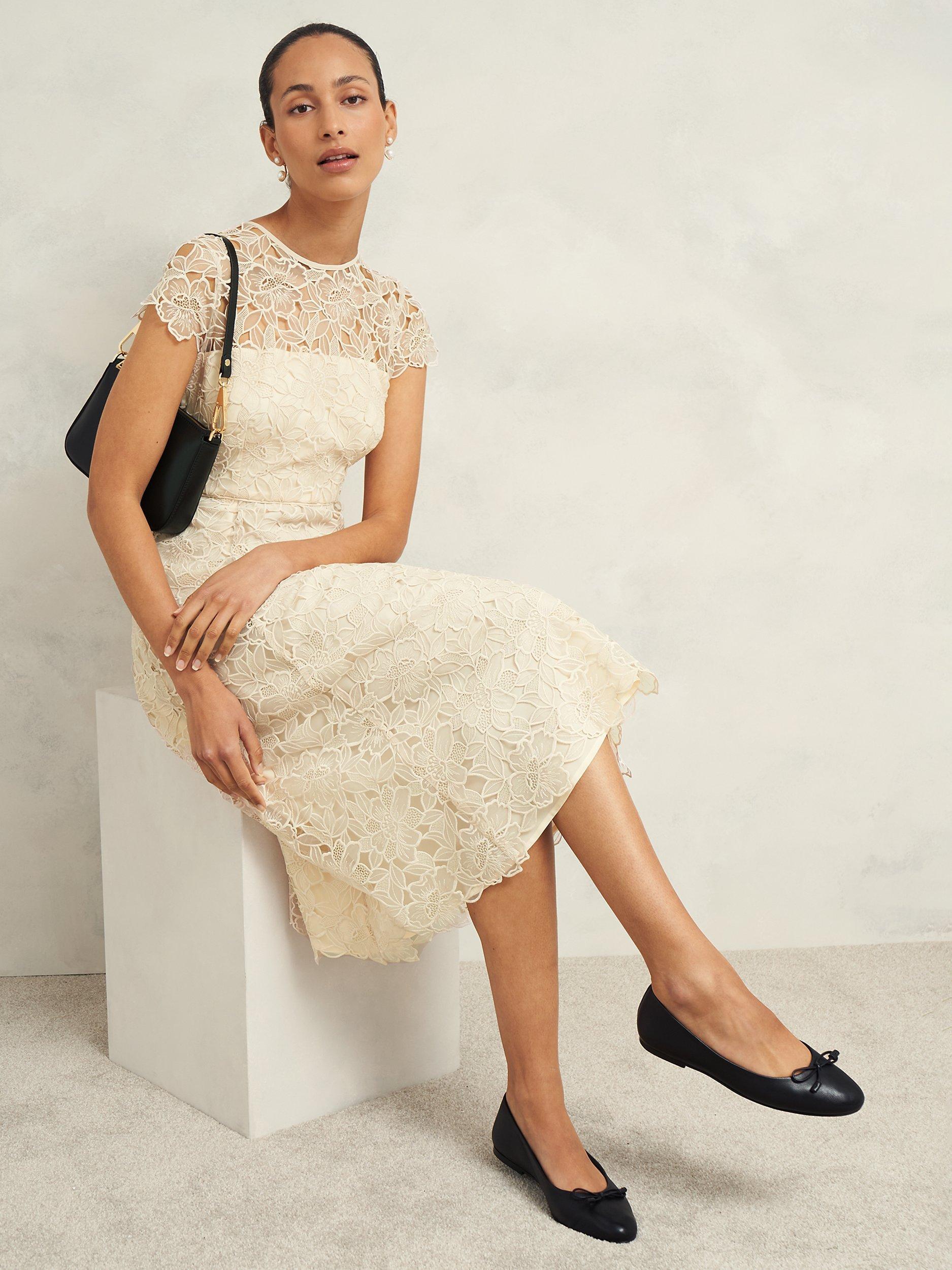 Product image 7 of 9, which shows Hobbs Johanna Lace Dress, Oyster, 14