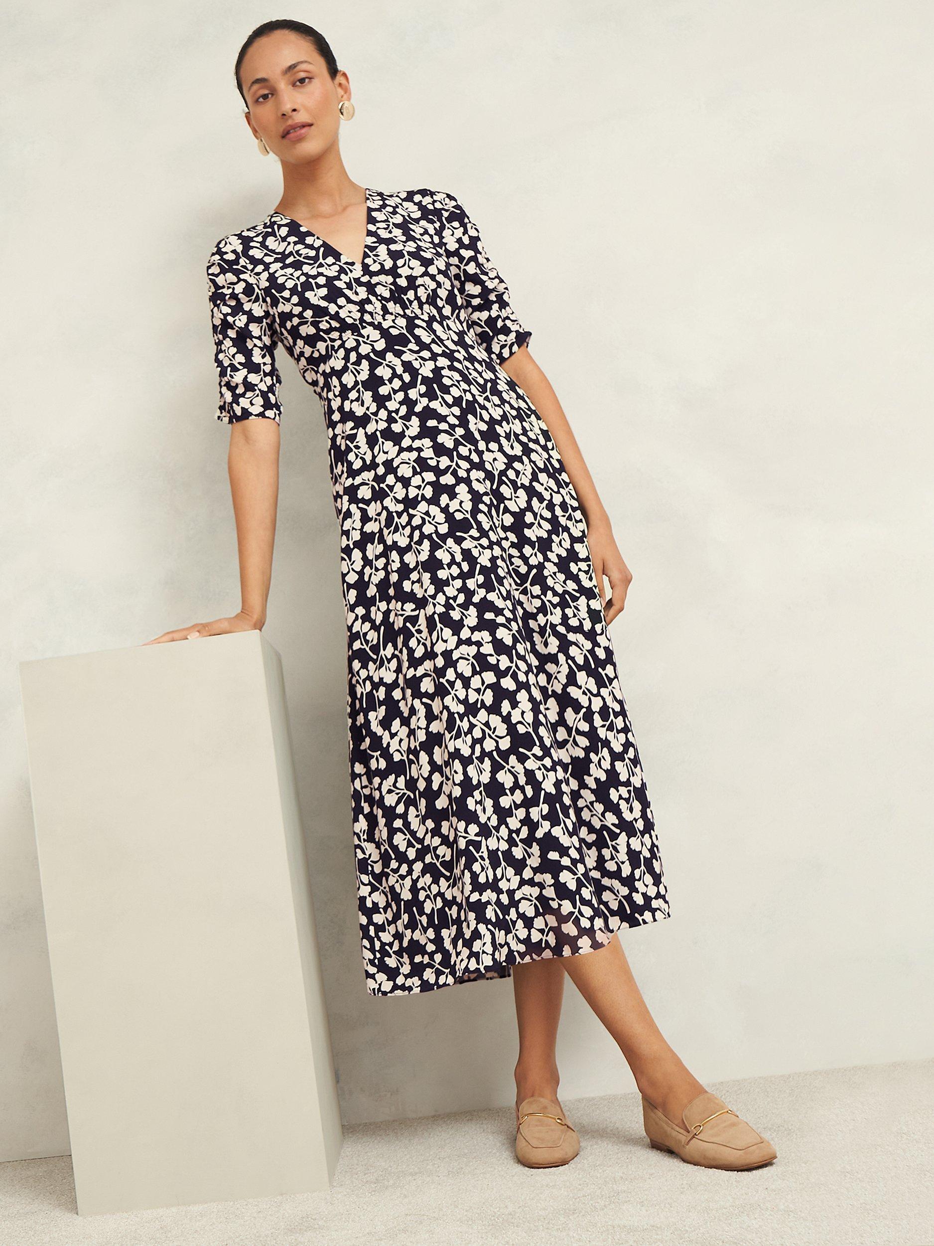 Product image 5 of 7, which shows Hobbs Bonnie Floral Dress, Navy/Cream, 10