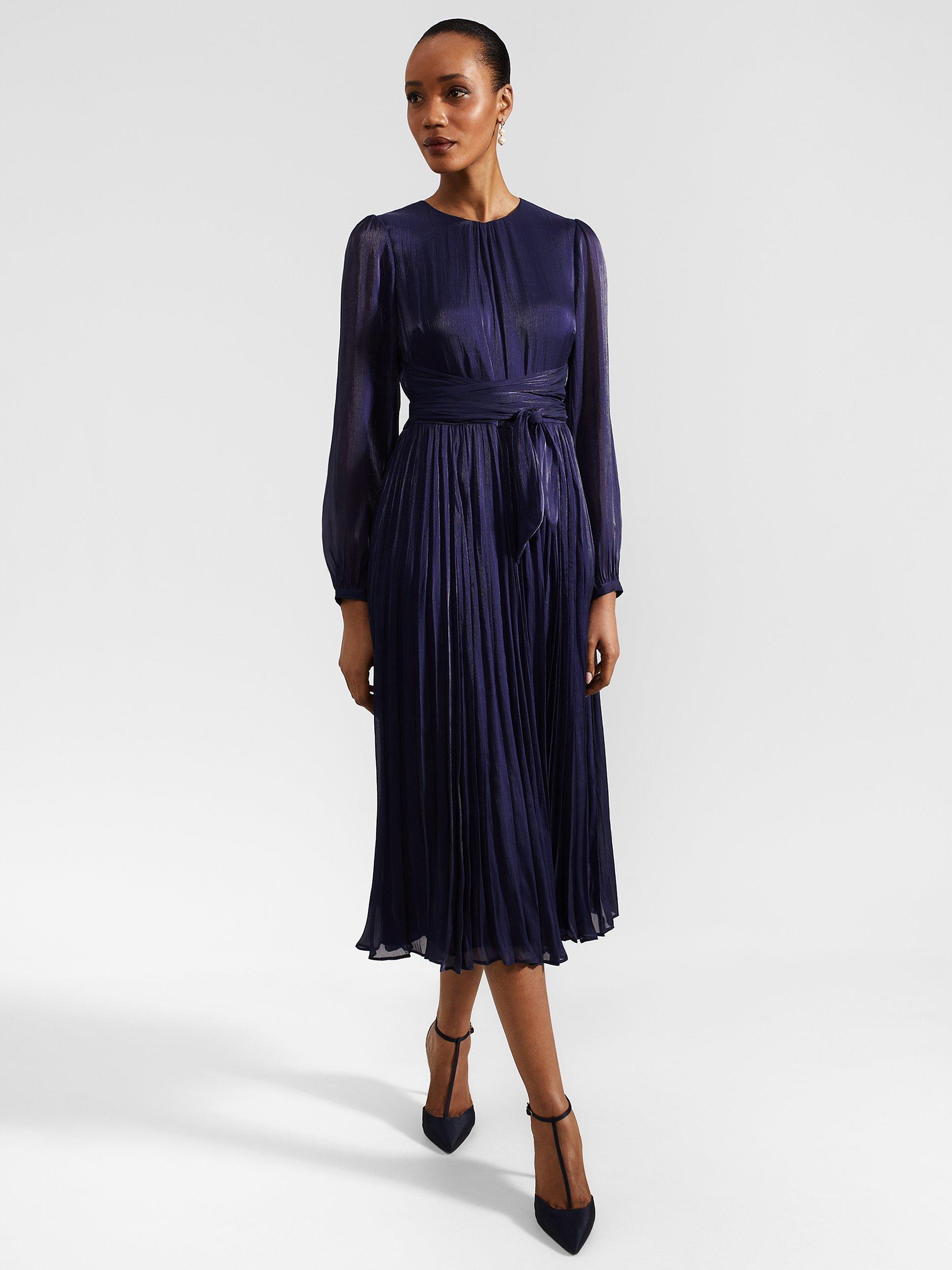 Hobbs Elina Satin Pleated Midi Dress Midnight Navy