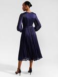 Hobbs Elina Satin Pleated Midi Dress, Midnight Navy