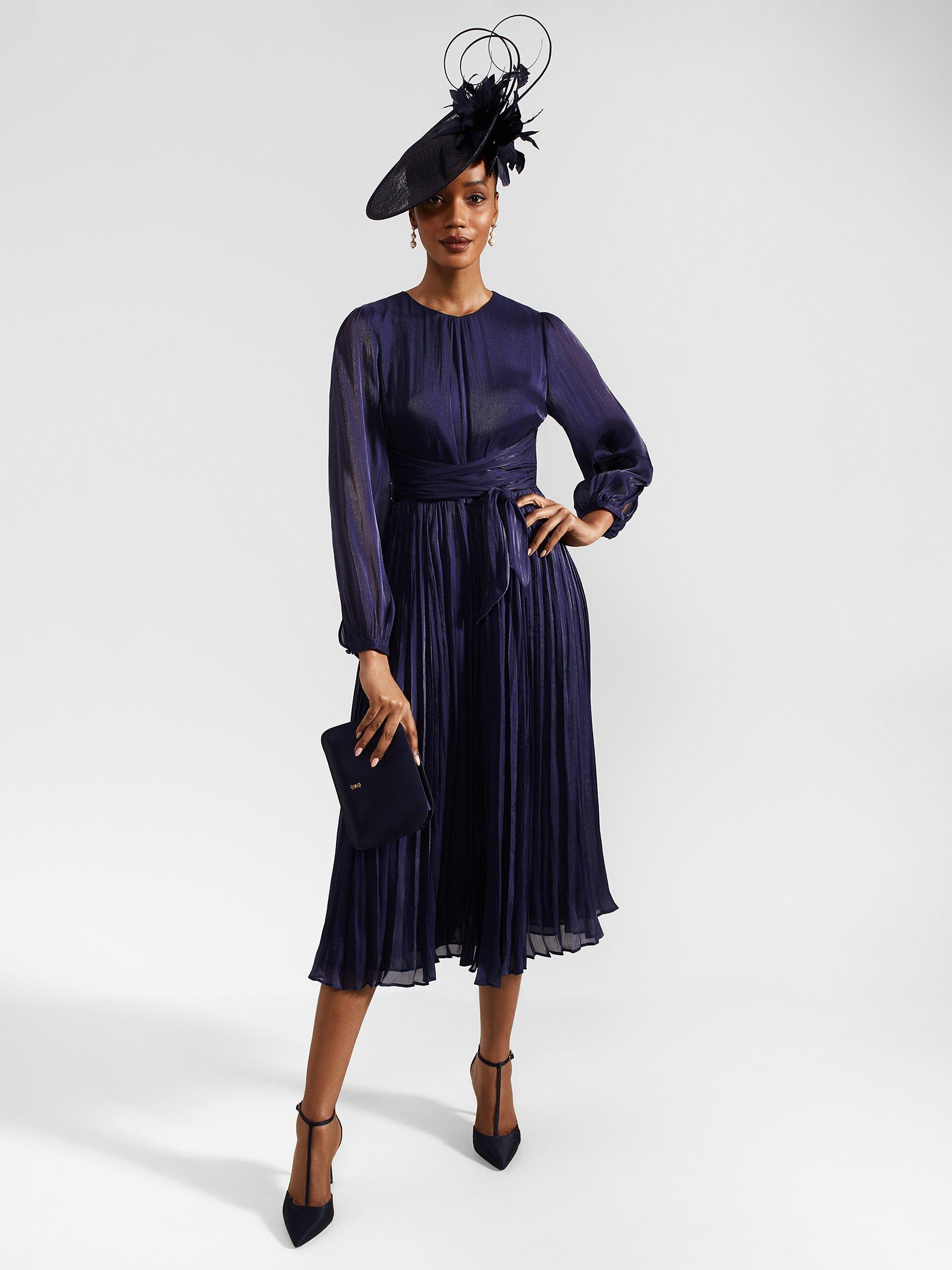 Hobbs Elina Satin Pleated Midi Dress Midnight Navy