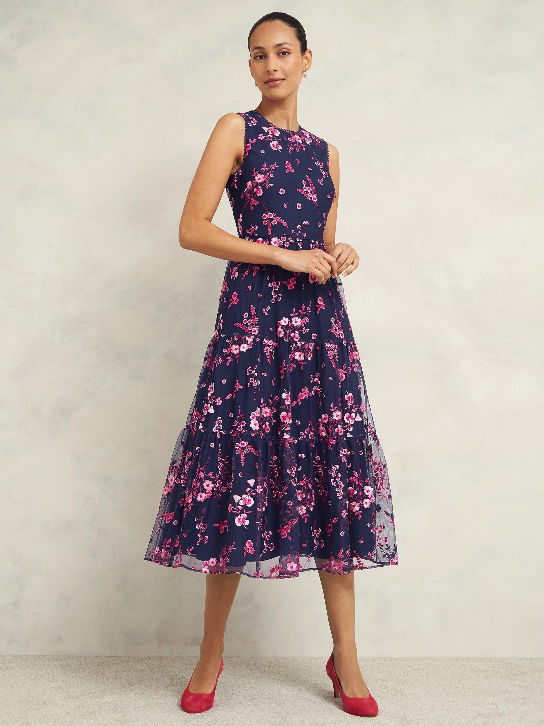 Product image 1 of 8, which shows Hobbs Bethany Floral Dress, Navy/Pink, 10