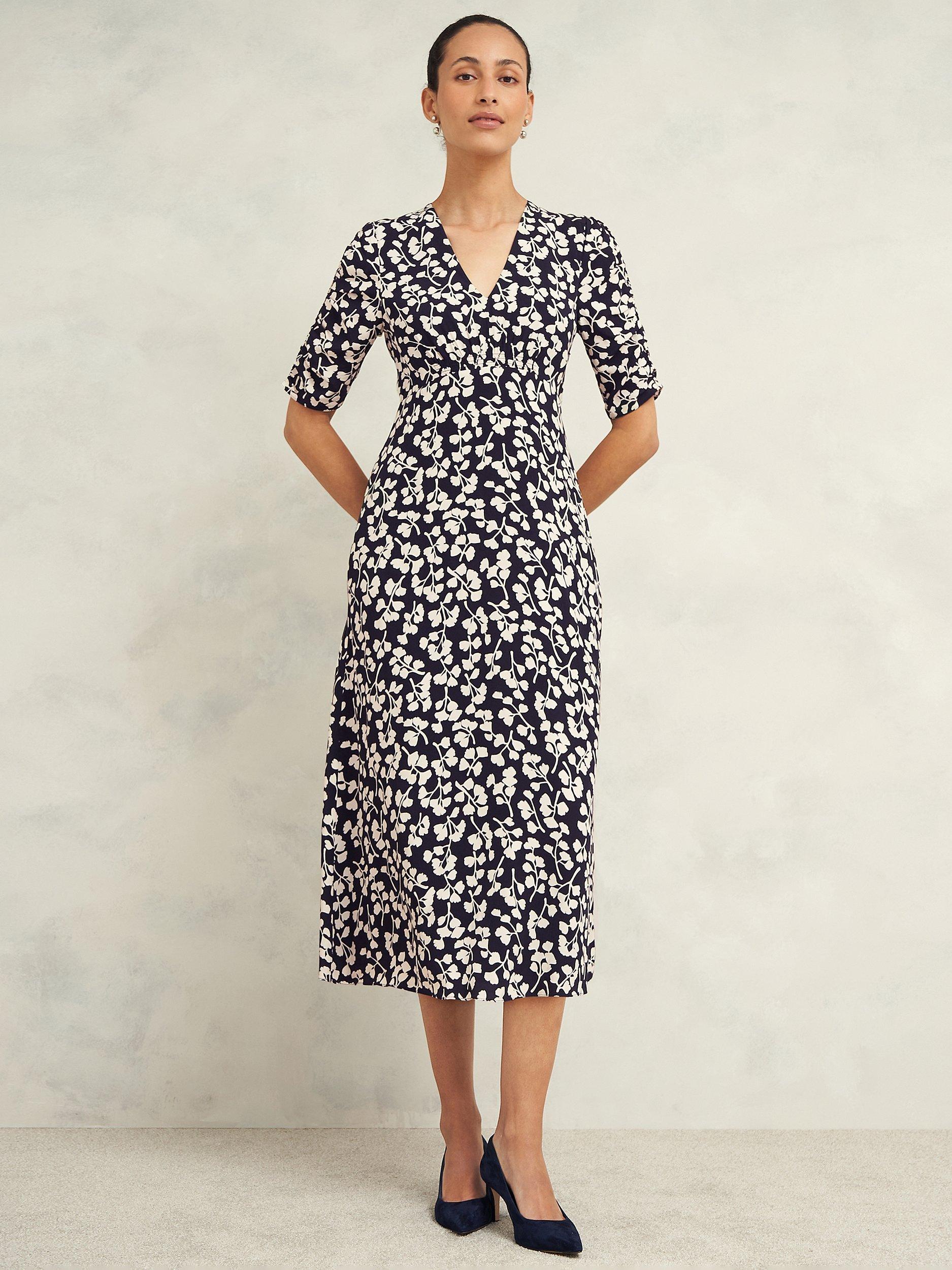 Product image 1 of 7, which shows Hobbs Petite Bonnie Floral Dress, Navy/Cream, 16
