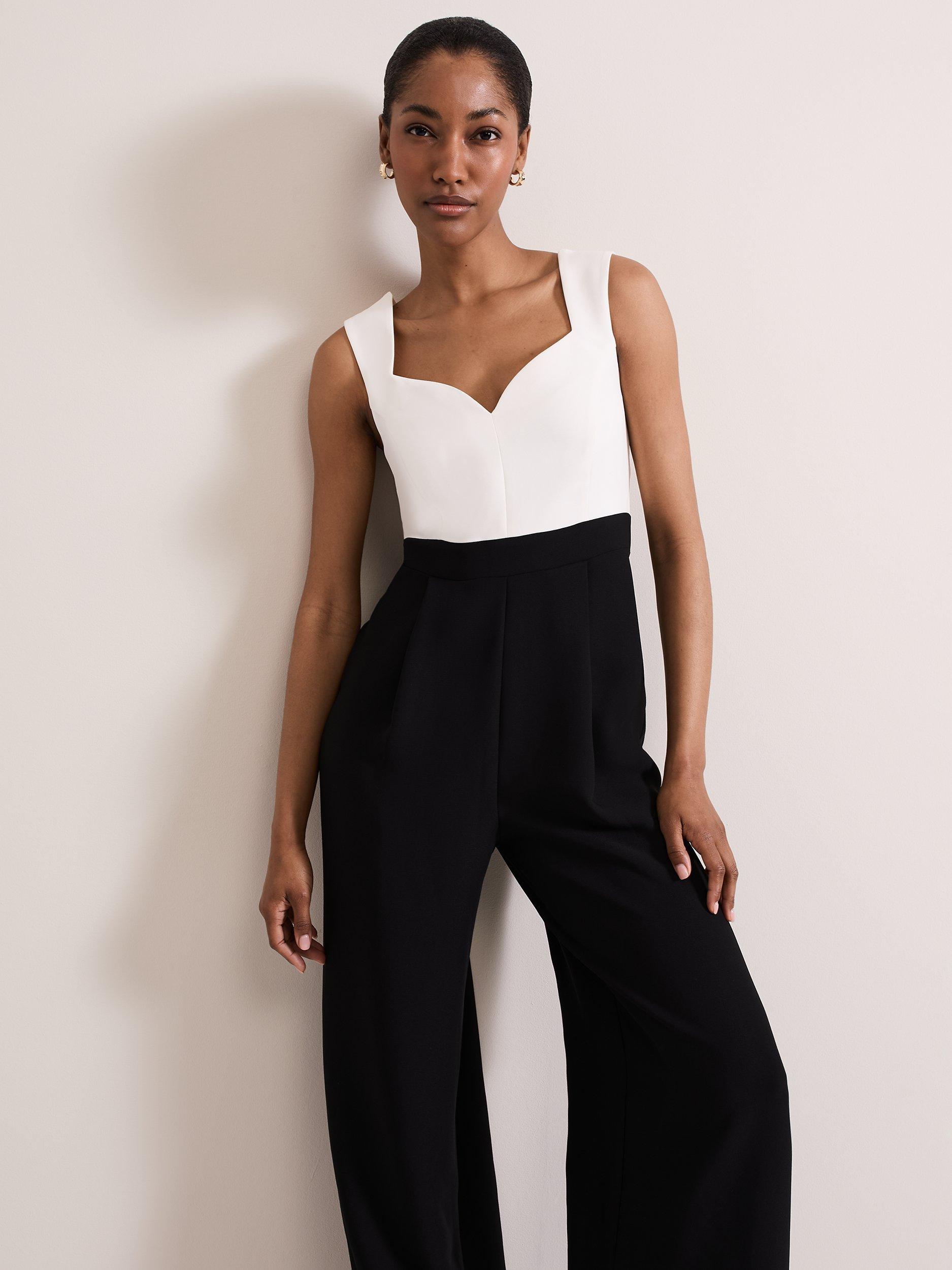 Phase Eight Maisy Colour Block Jumpsuit, Black/Ivory, 6