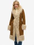 Superdry Faux Fur Lined Longline Afghan Coat, Tobacco Brown