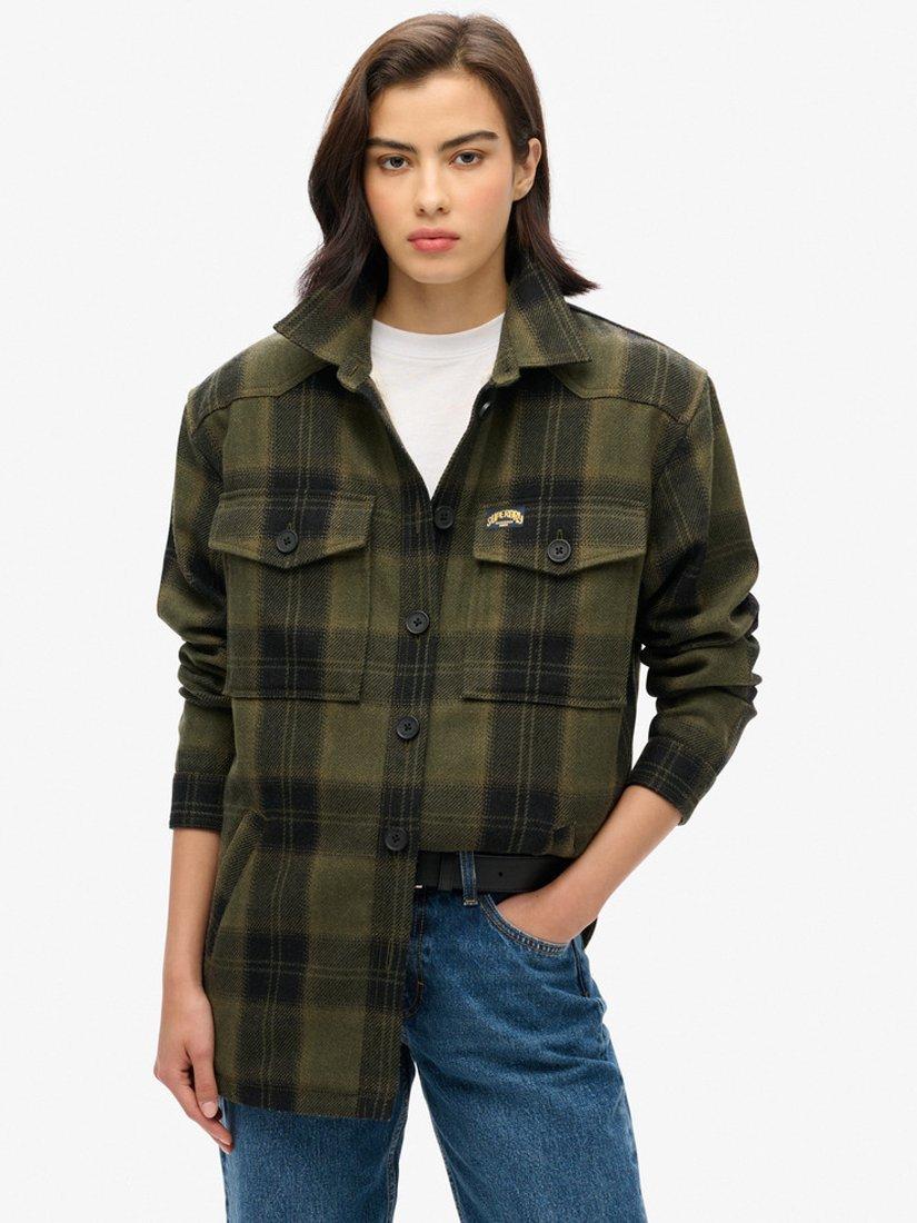 Product image 1 of 6, which shows Superdry Borg Lined Check Wool Blend Overshirt, Roderick Check Olive, 8