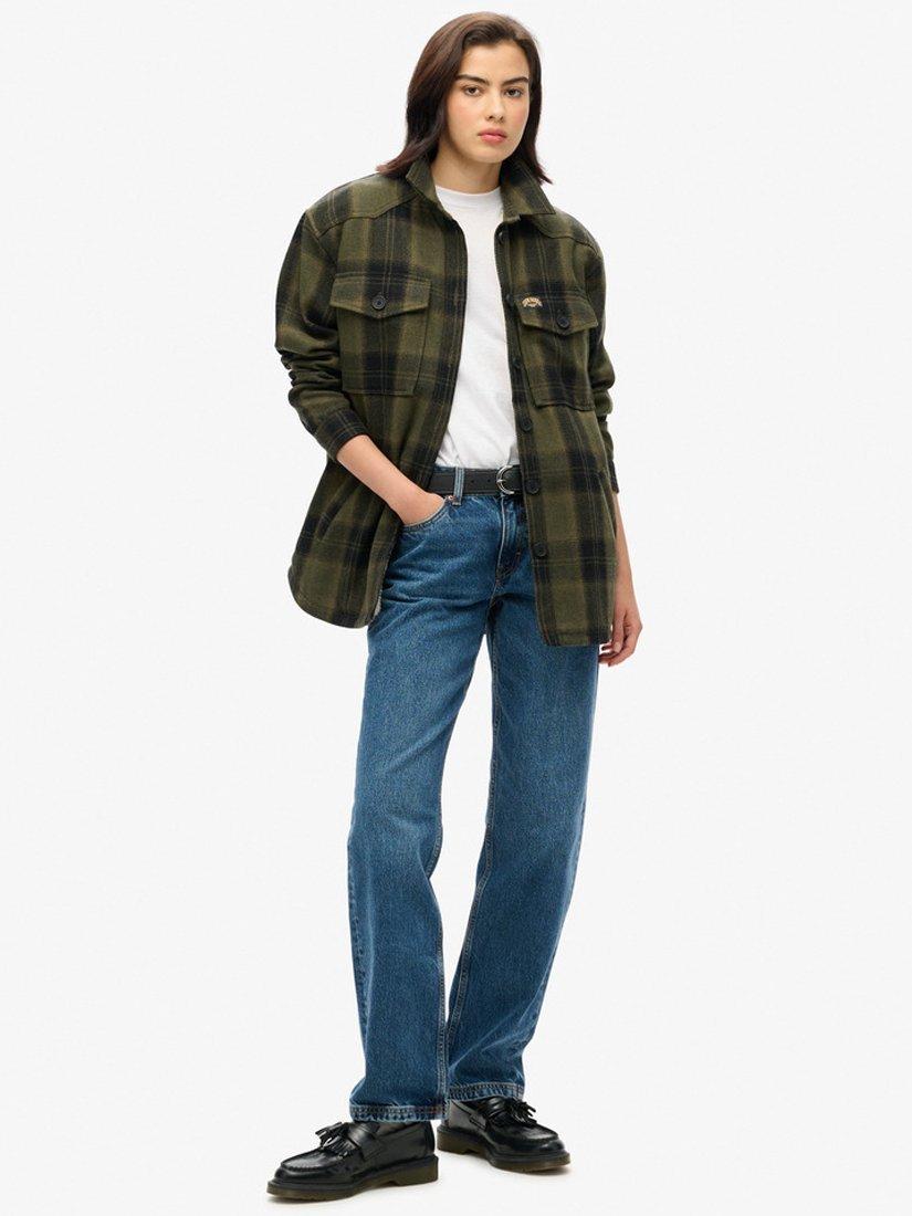 Product image 2 of 6, which shows Superdry Borg Lined Check Wool Blend Overshirt, Roderick Check Olive, 8