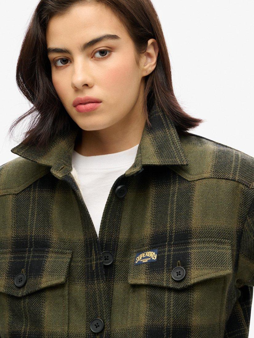 Product image 4 of 6, which shows Superdry Borg Lined Check Wool Blend Overshirt, Roderick Check Olive, 8