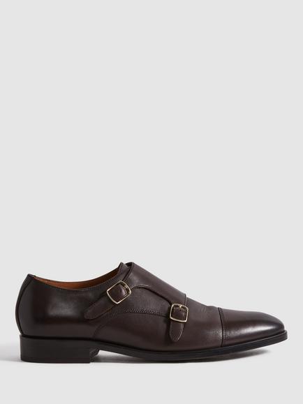 Reiss Amalfi Leather Monk Shoes, Dark Brown