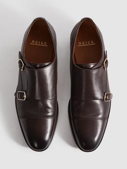 Reiss Amalfi Leather Monk Shoes - view 2, Dark Brown