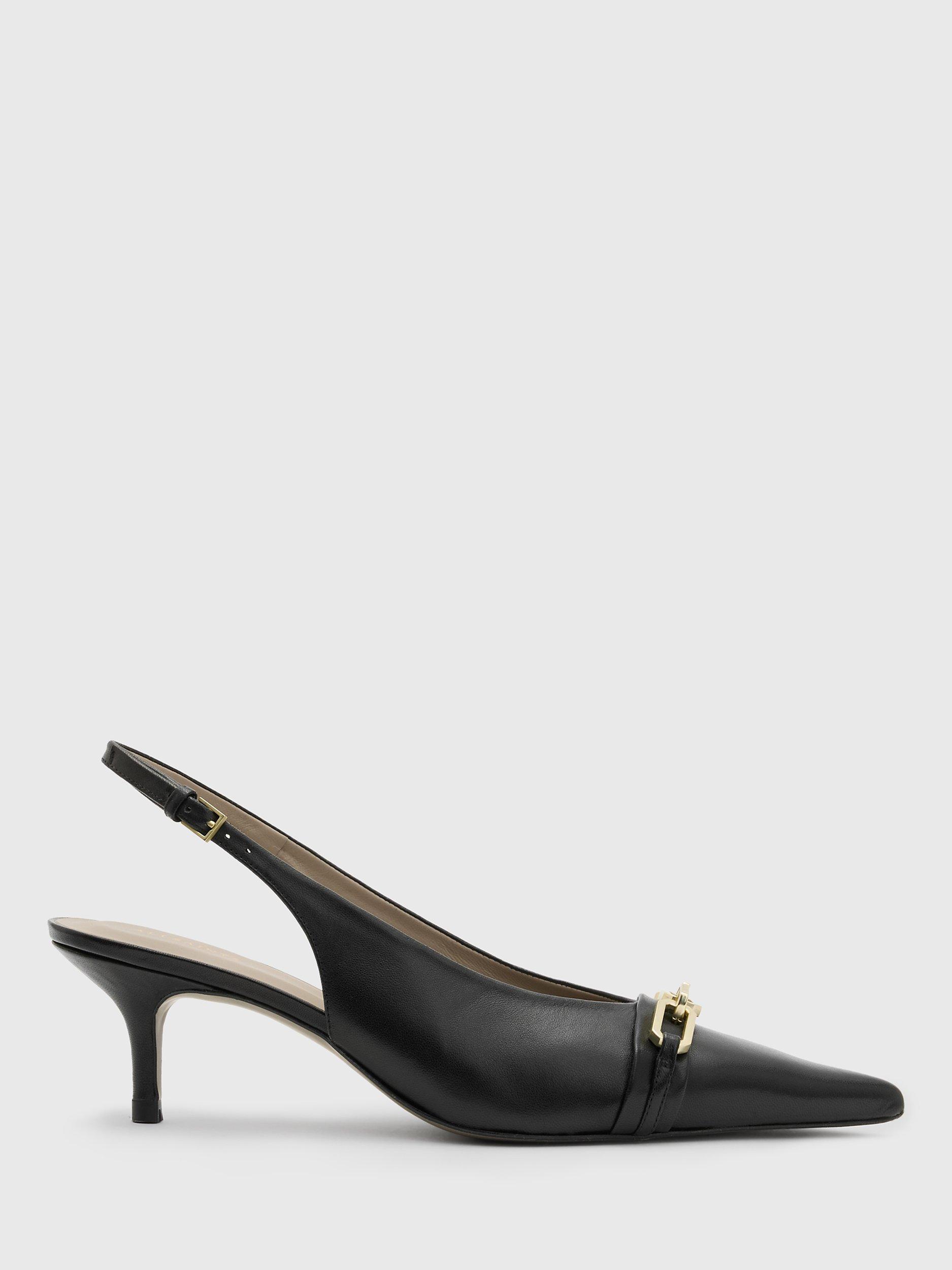 Product image 1 of 5, which shows AllSaints Grace Leather Chain Detail Pointed Heeled Slingbacks, Black, EU35