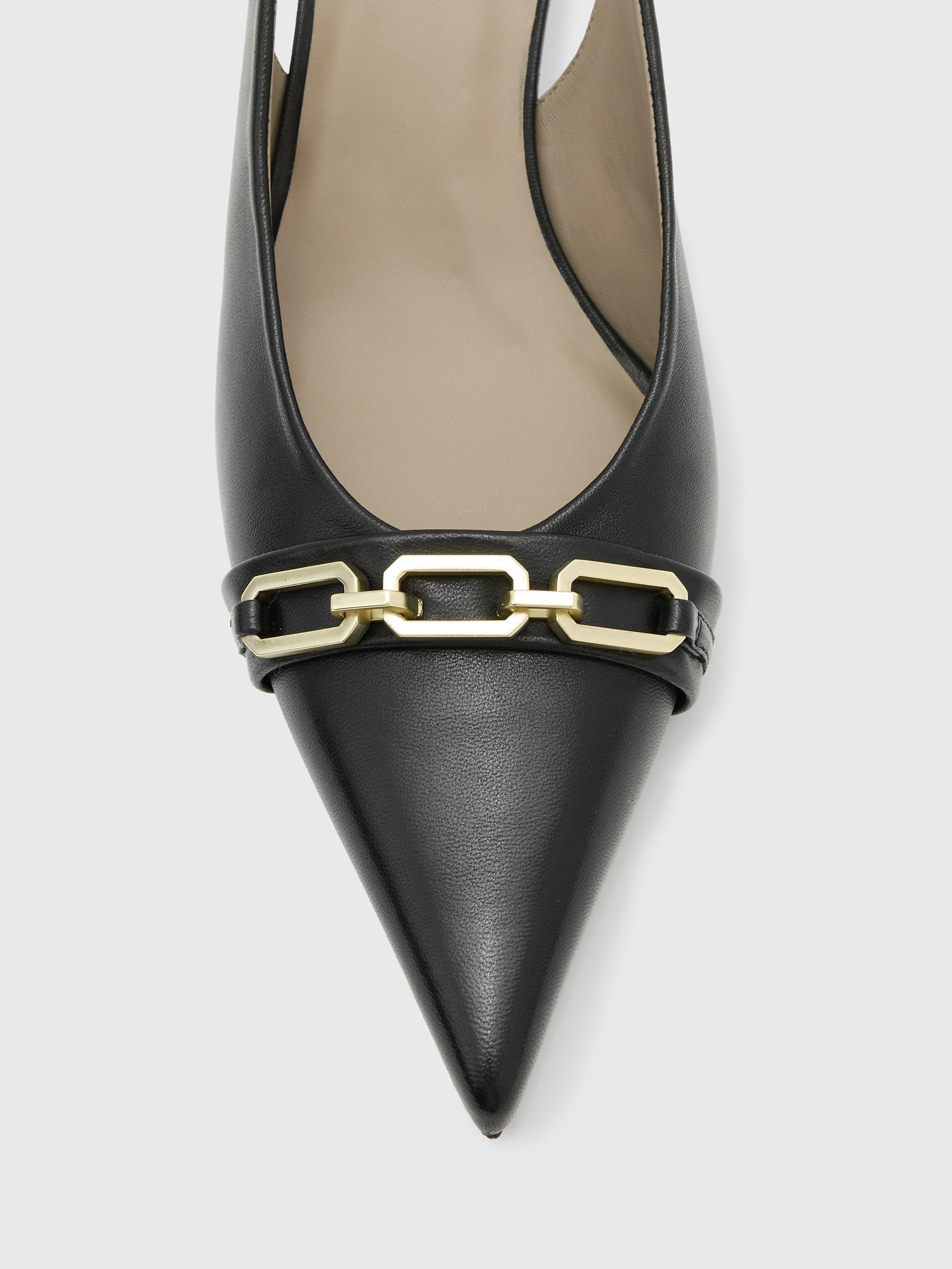 Product image 2 of 5, which shows AllSaints Grace Leather Chain Detail Pointed Heeled Slingbacks, Black, EU35