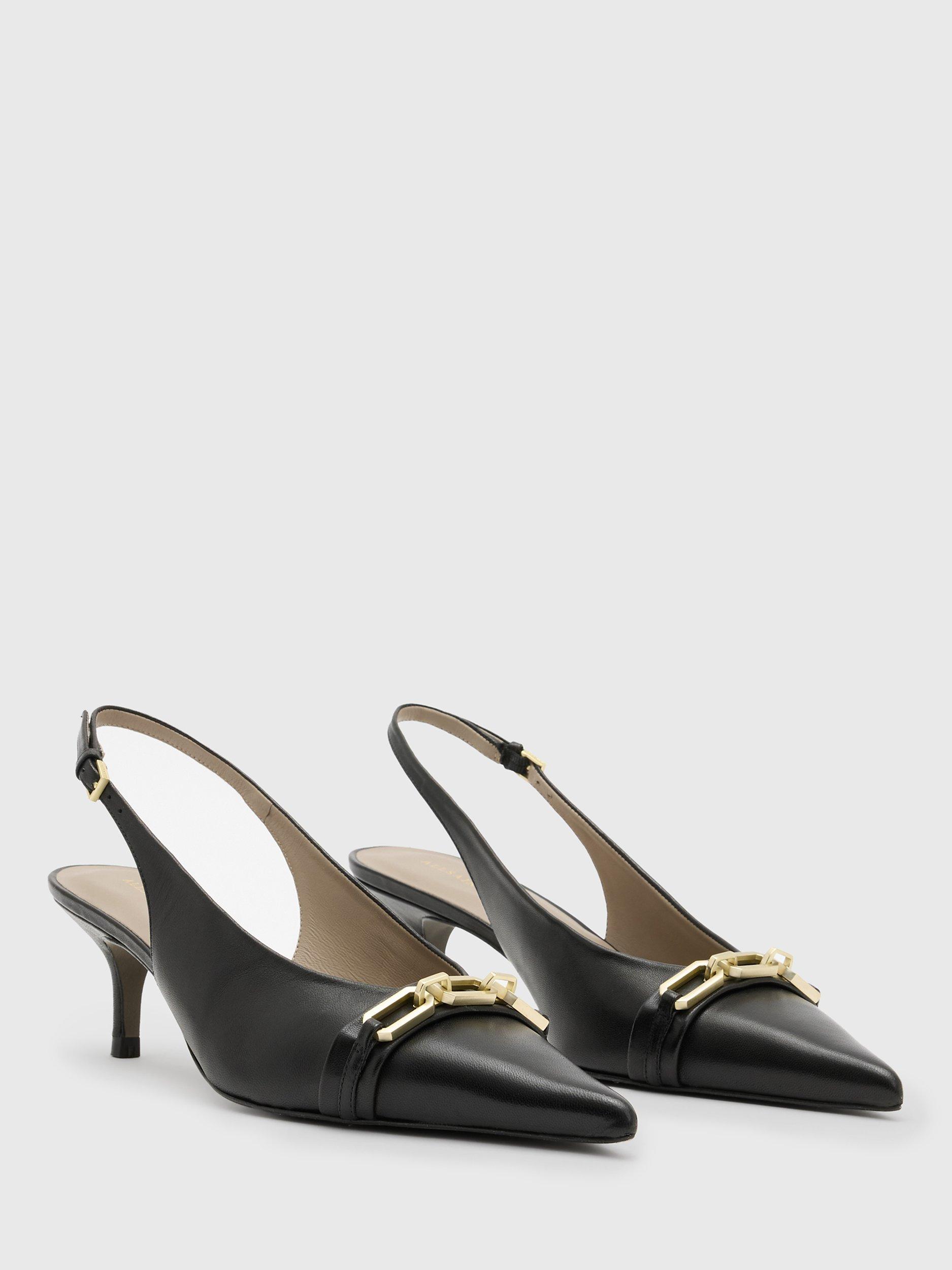 Product image 3 of 5, which shows AllSaints Grace Leather Chain Detail Pointed Heeled Slingbacks, Black, EU35