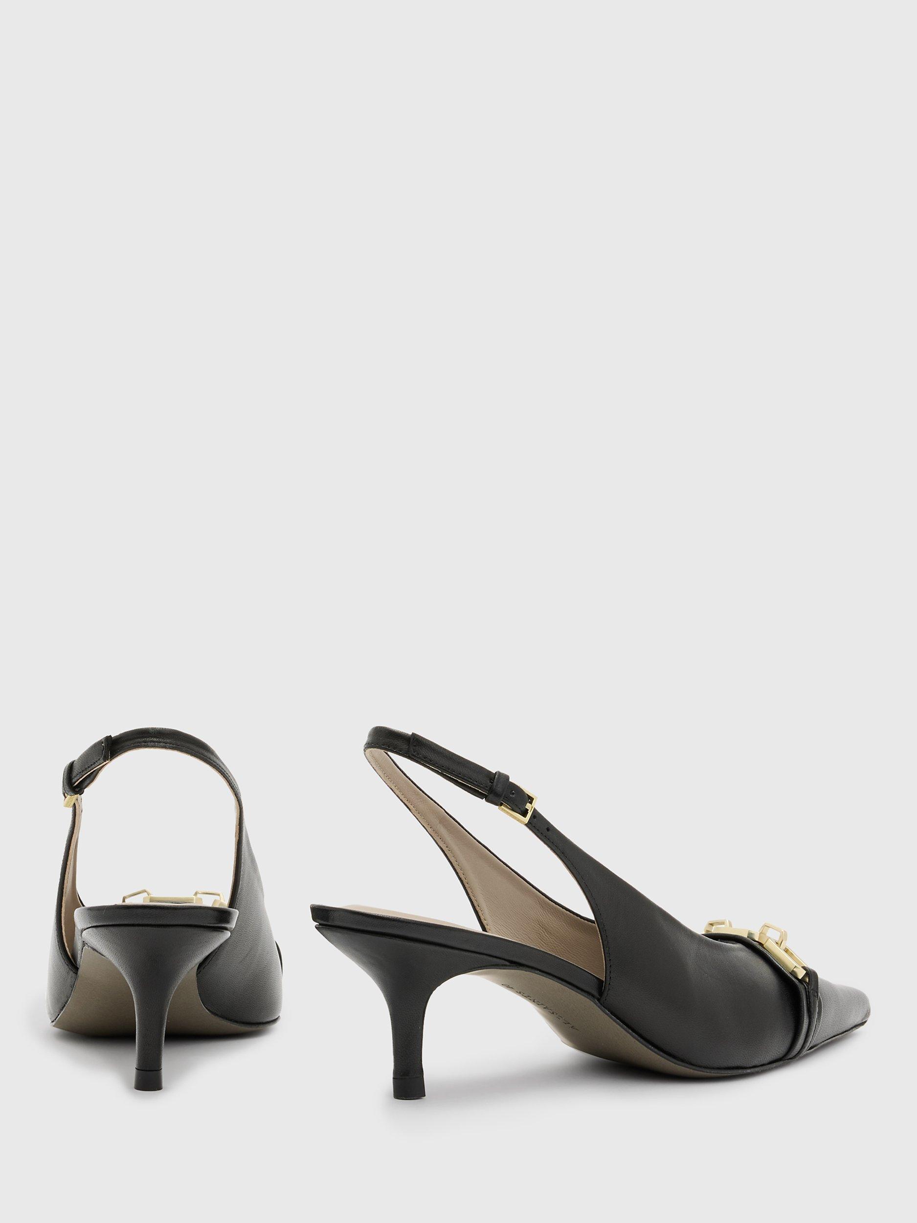Product image 5 of 5, which shows AllSaints Grace Leather Chain Detail Pointed Heeled Slingbacks, Black, EU35