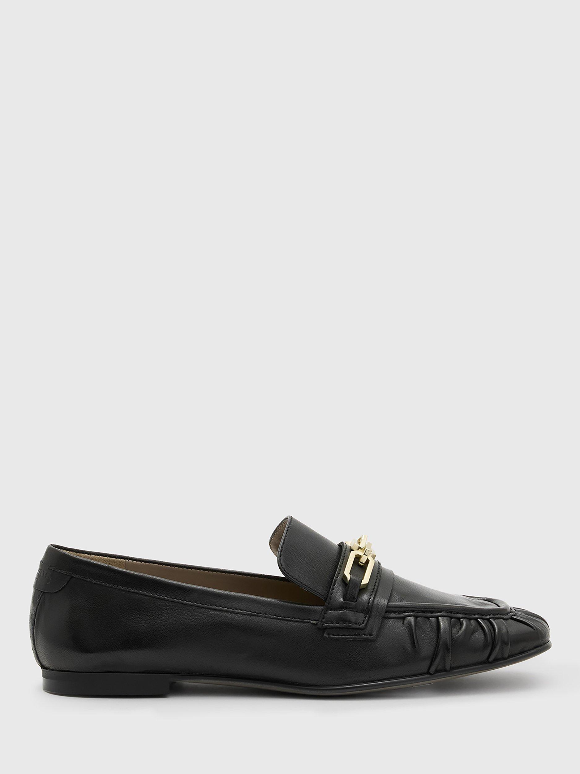 Product image 1 of 7, which shows AllSaints Sapphire Leather Snaffle Detail Loafers, Black, EU35