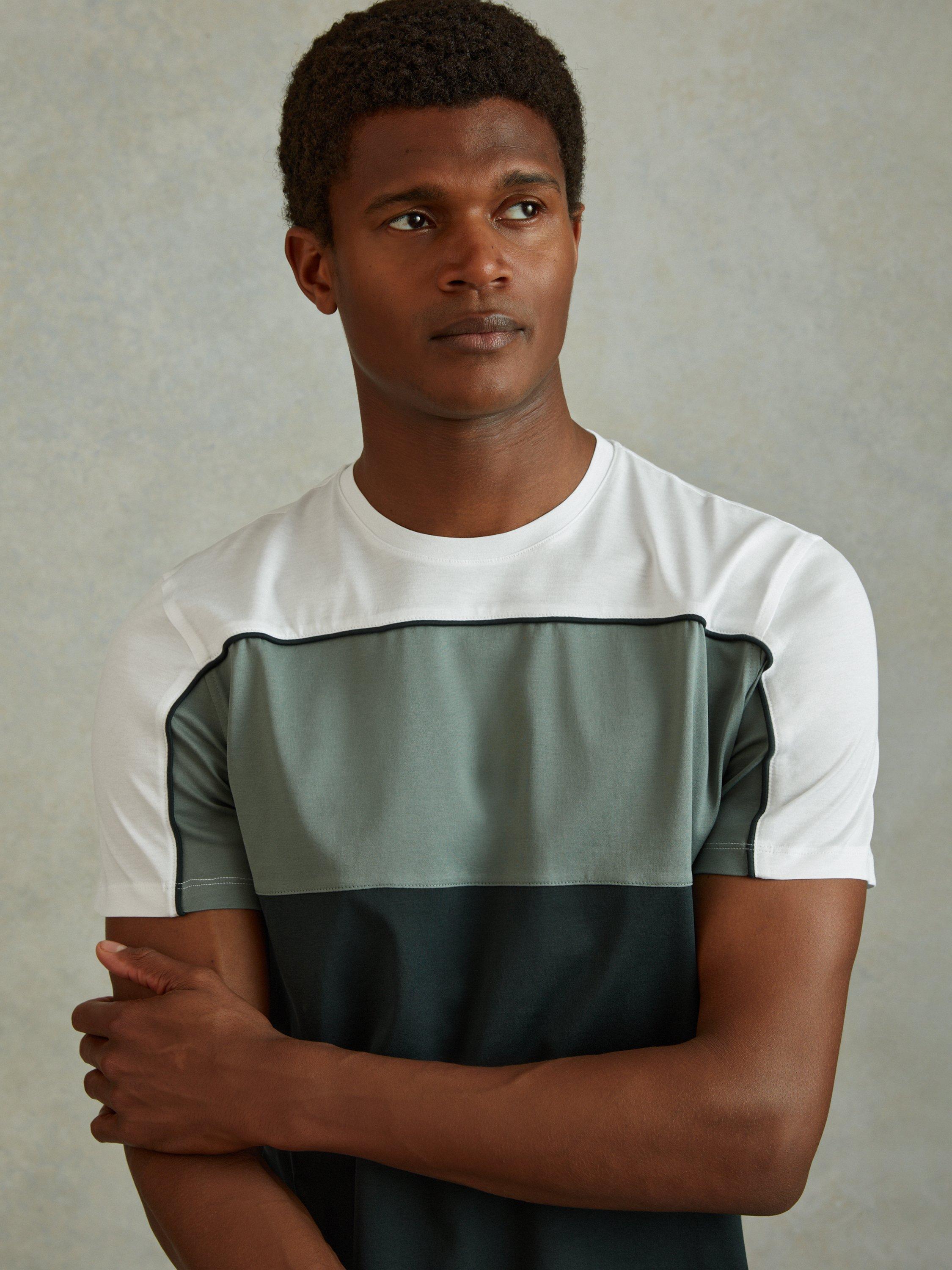 Reiss Woods Mercerised Cotton Colourblock Crew Neck T-Shirt, Dark Green/White