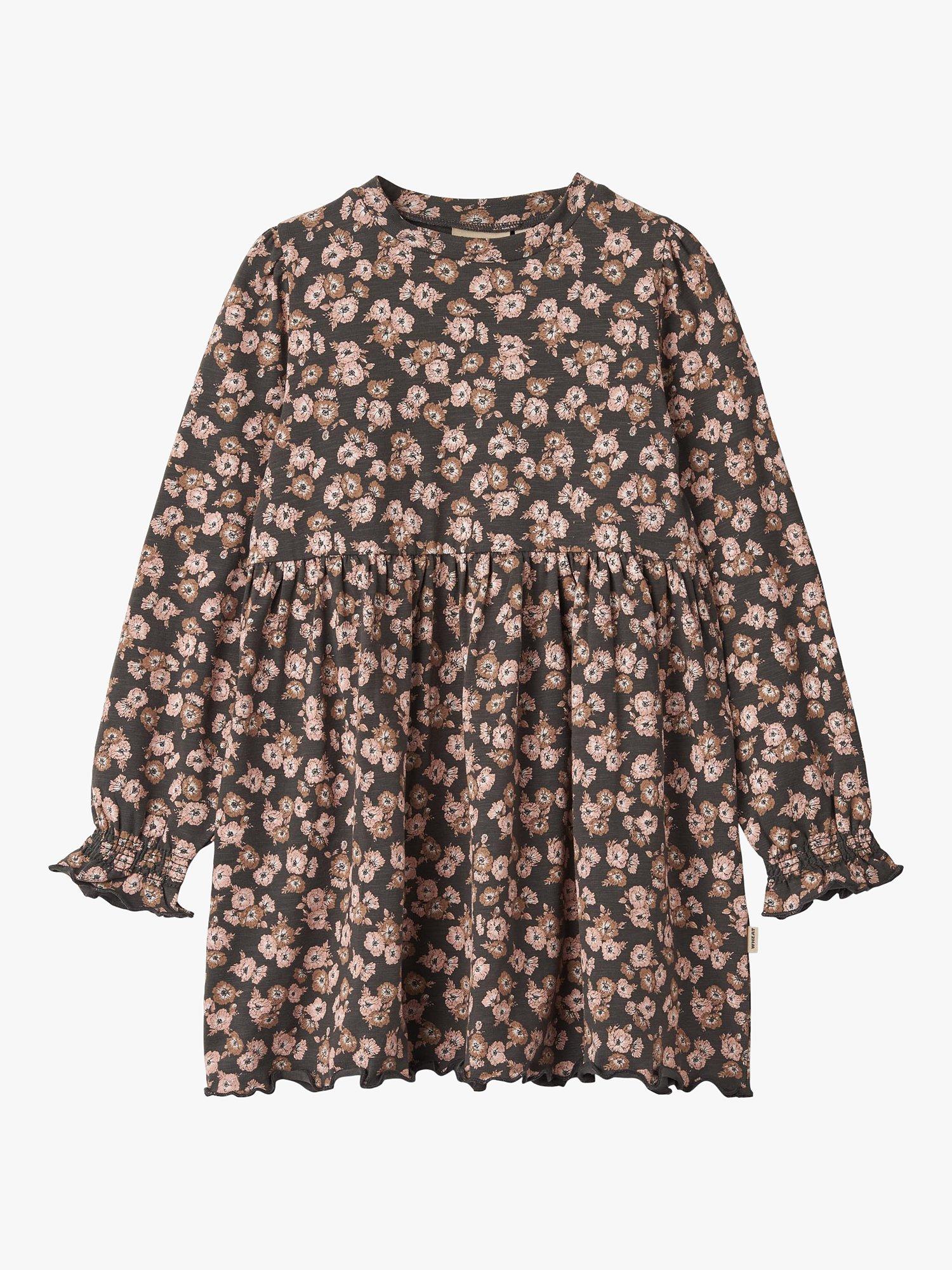 WHEAT Kids' Eliane Floral Long Sleeve Dress, Raven Anemones