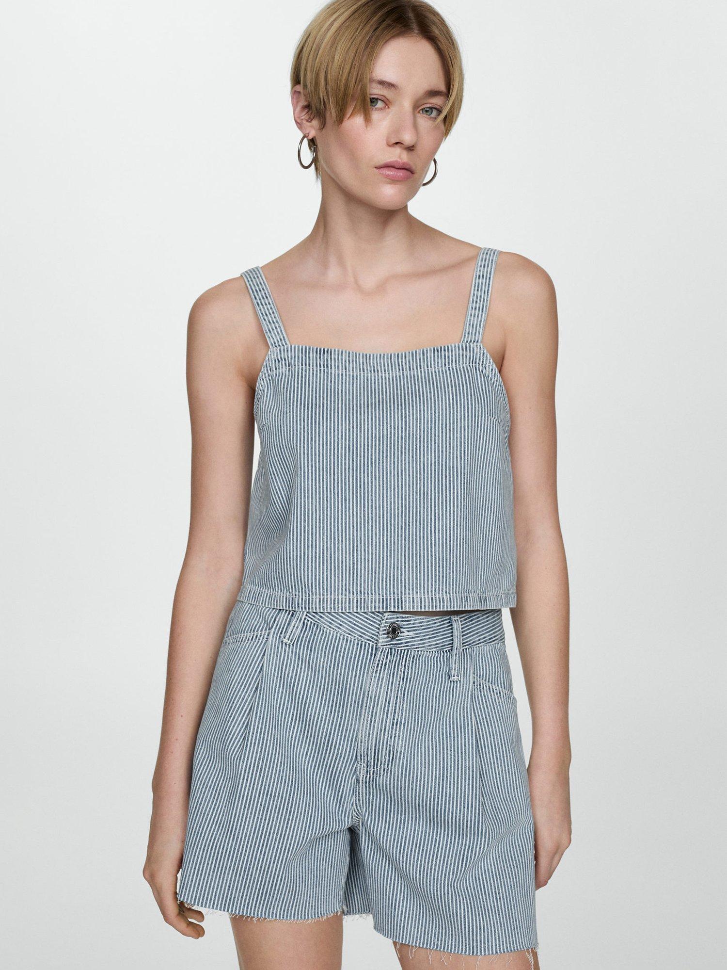 Mango Ibiza Stripe Denim Crop Top, Medium Blue