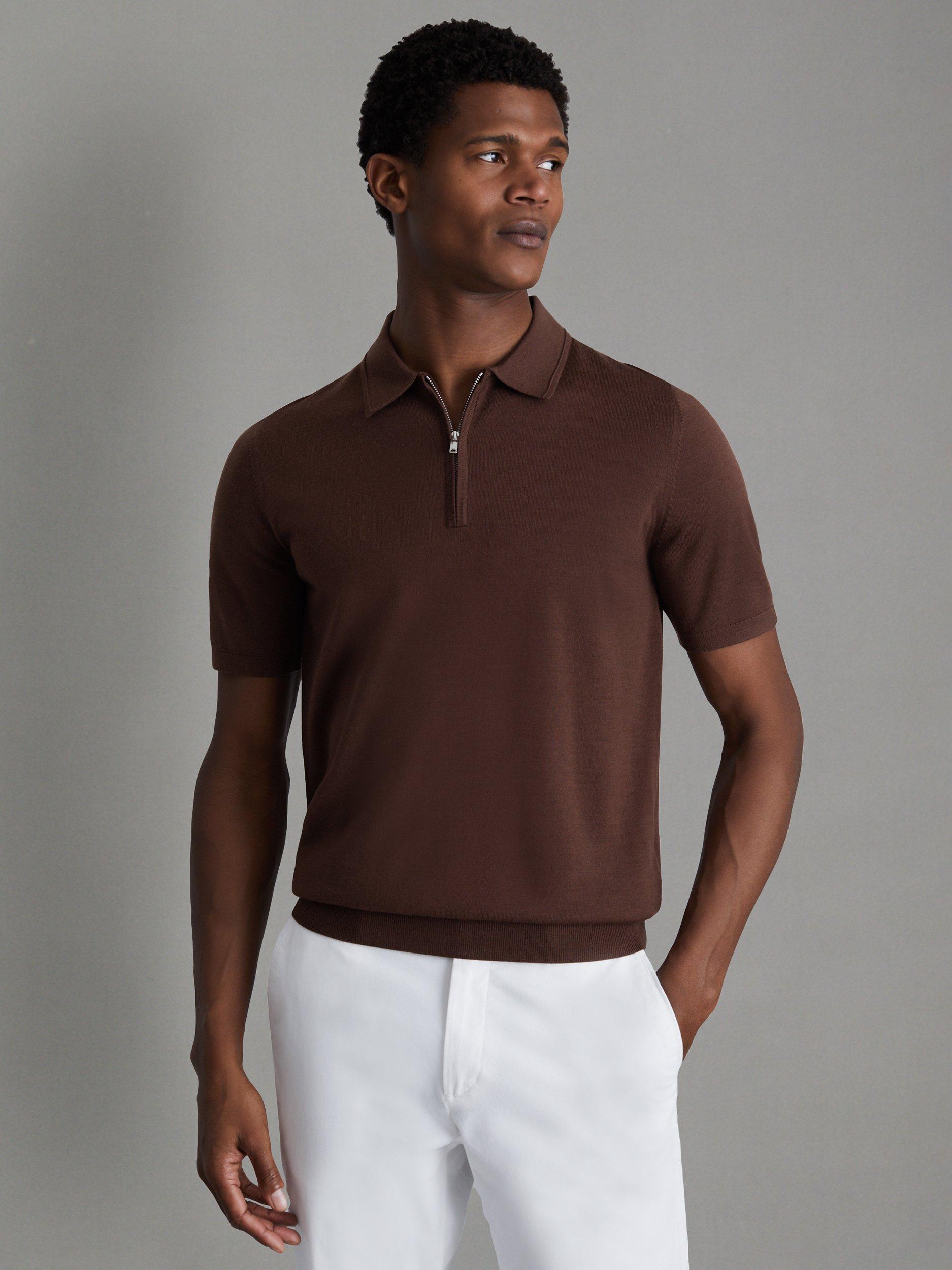 Reiss Maxwell Merino Zip Neck Polo Shirt, Treacle Brown, XS