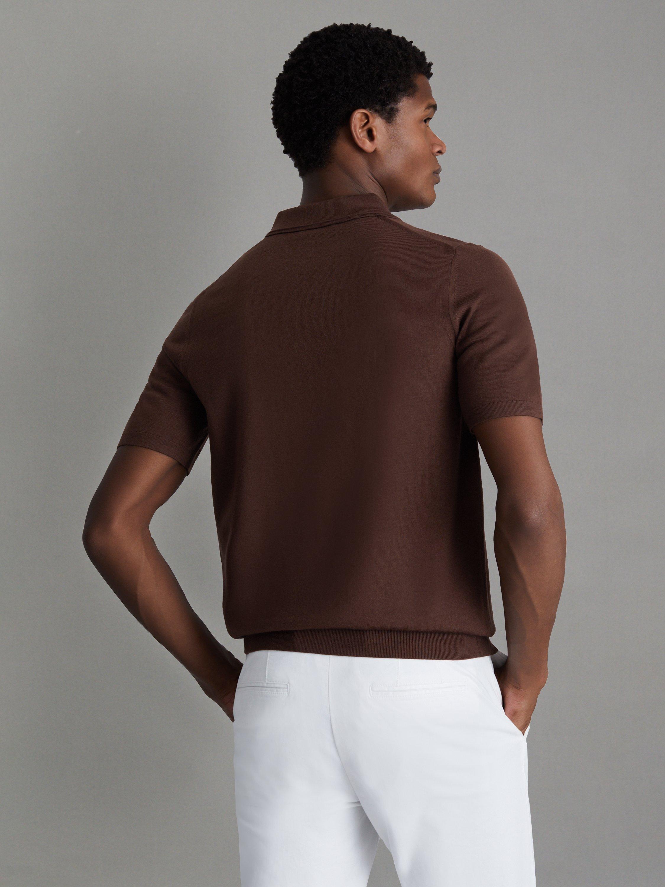 Reiss Maxwell Merino Zip Neck Polo Shirt, Treacle Brown, XS