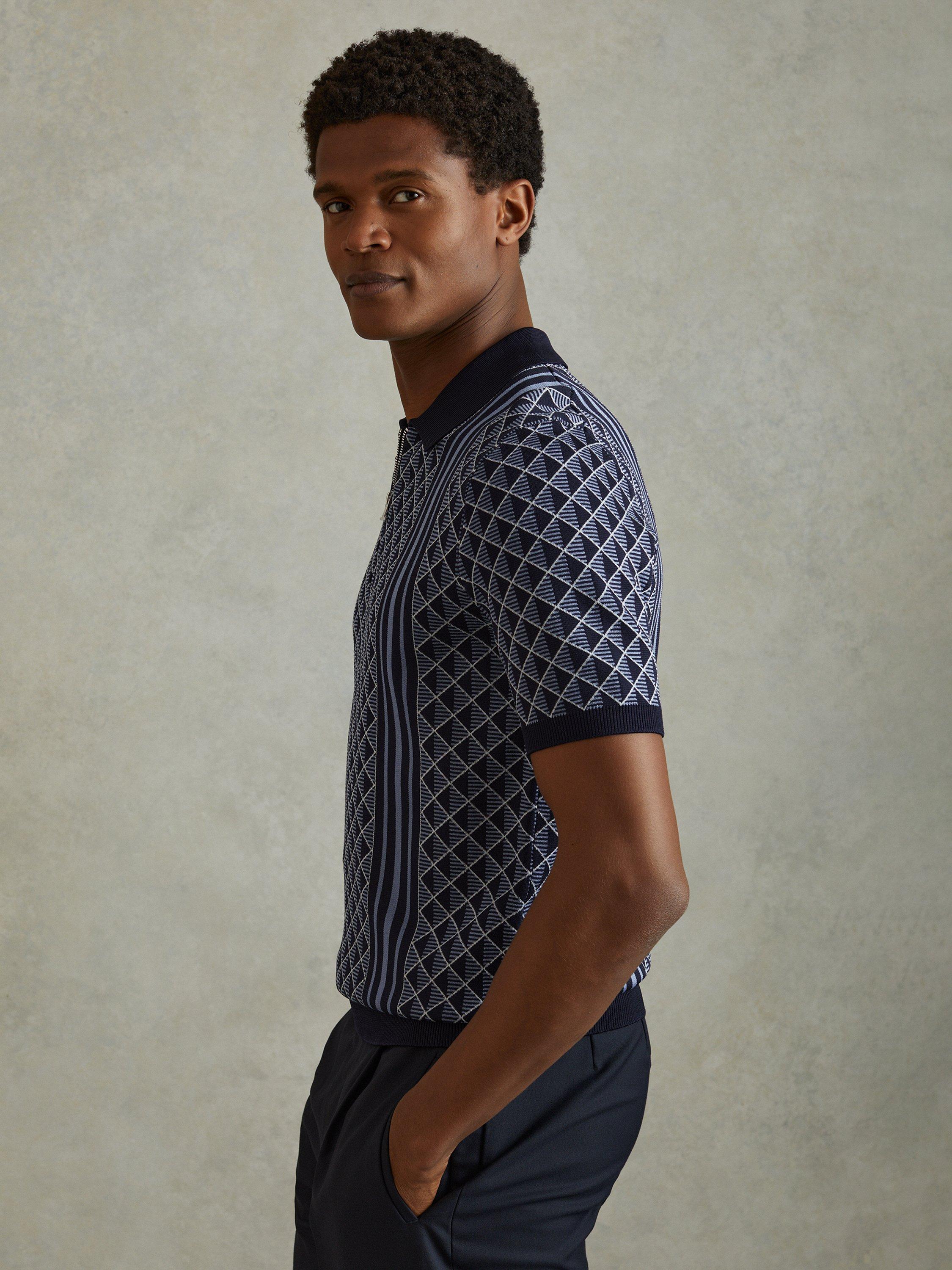 Product image 1 of 5, which shows Reiss Sanderson Half-Zip Diamond Stitch Polo Shirt, Navy, XS