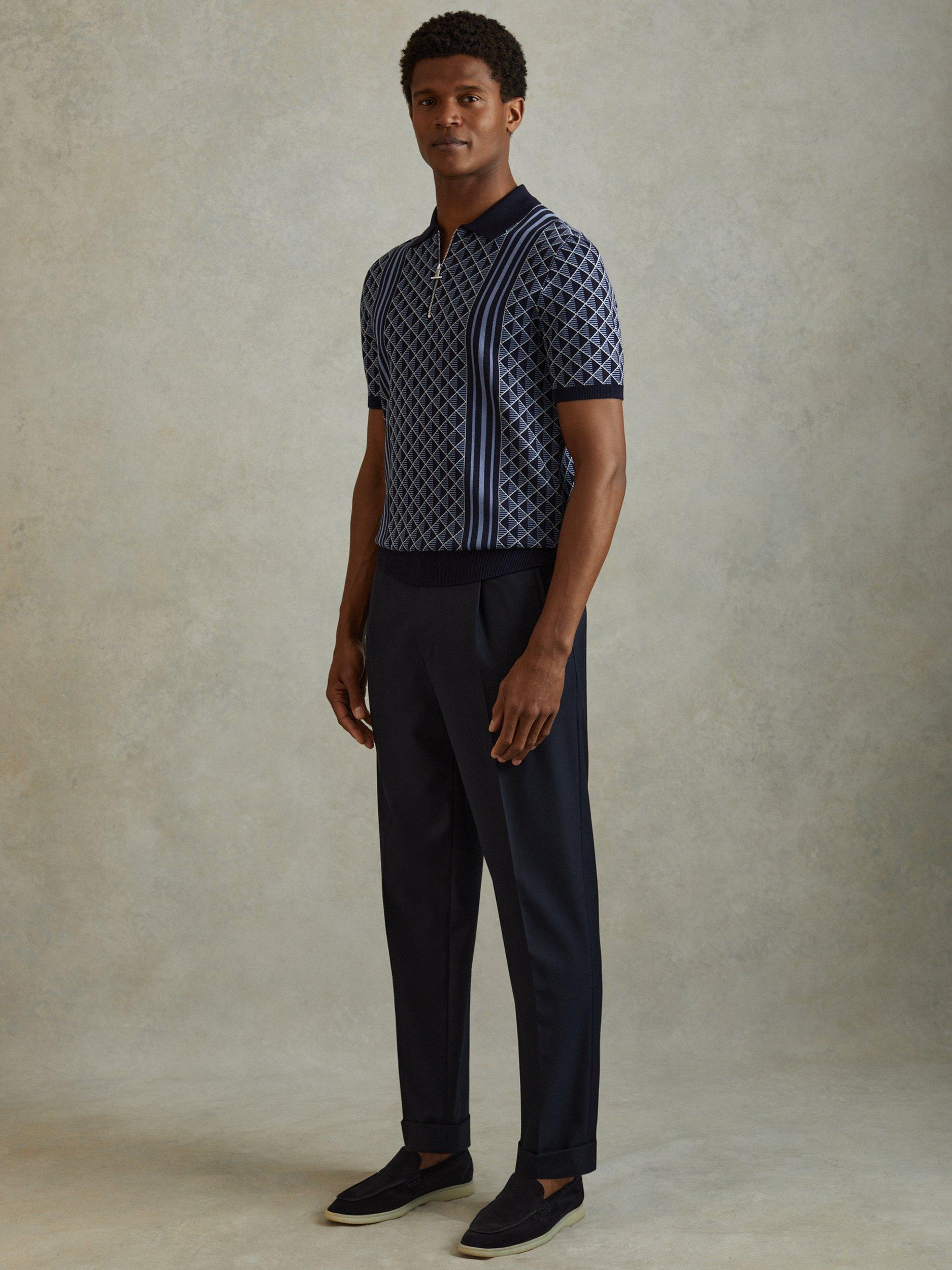 Product image 4 of 5, which shows Reiss Sanderson Half-Zip Diamond Stitch Polo Shirt, Navy, XS