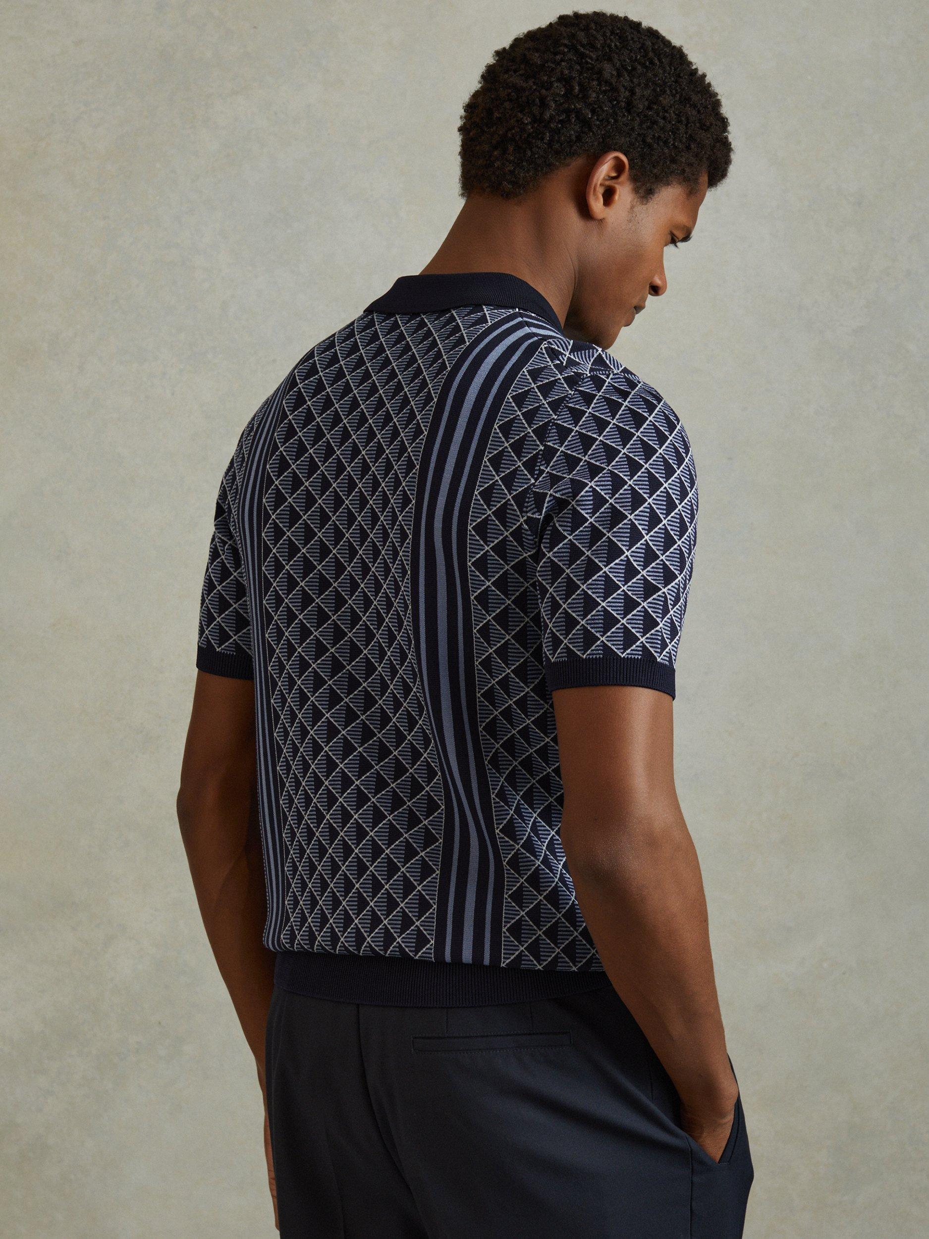 Product image 5 of 5, which shows Reiss Sanderson Half-Zip Diamond Stitch Polo Shirt, Navy, XS