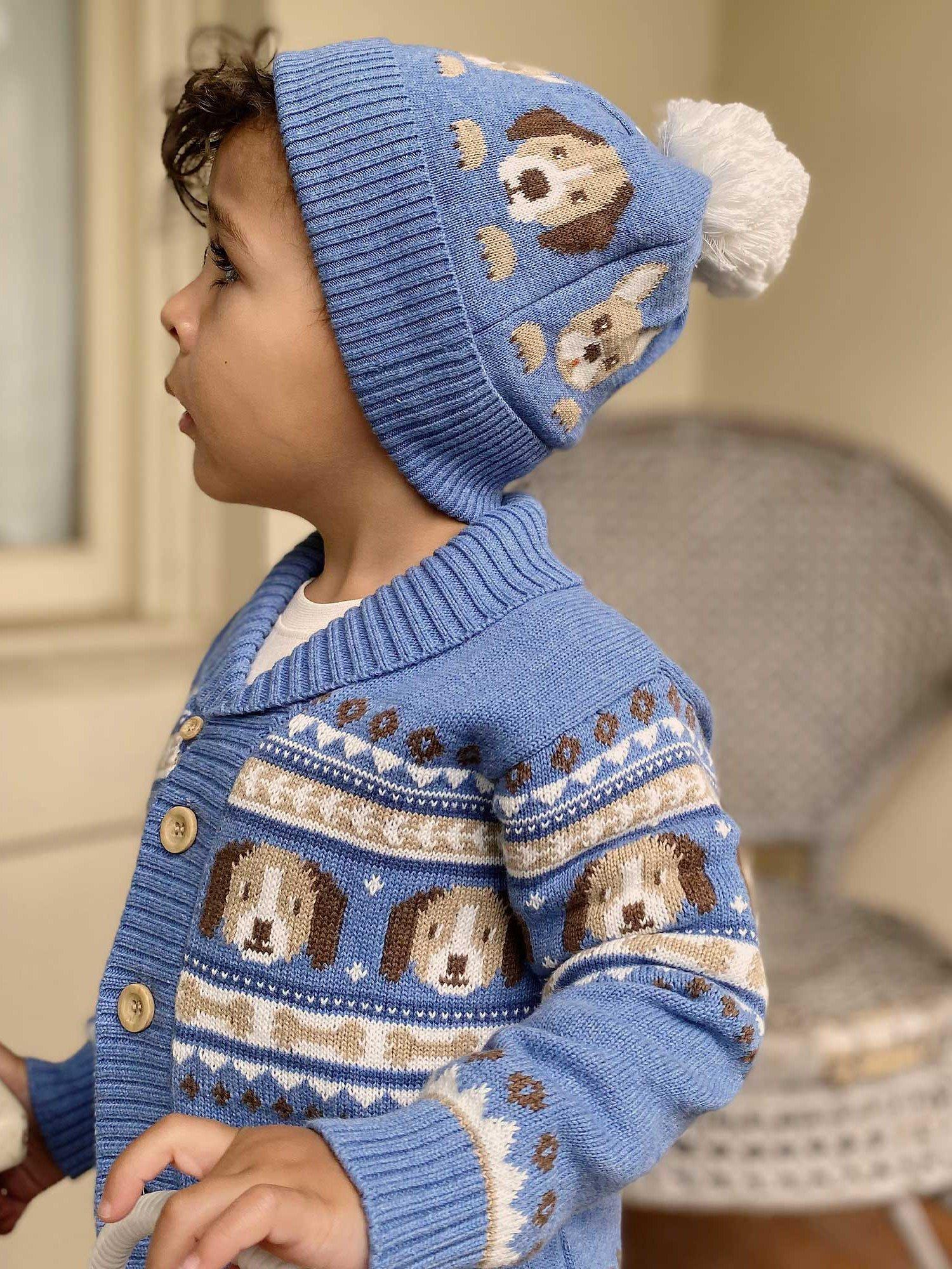 Product image 1 of 8, which shows Purebaby Baby Organic Cotton Doggy Cardigan, Doggy Jacquard, 0-3 months