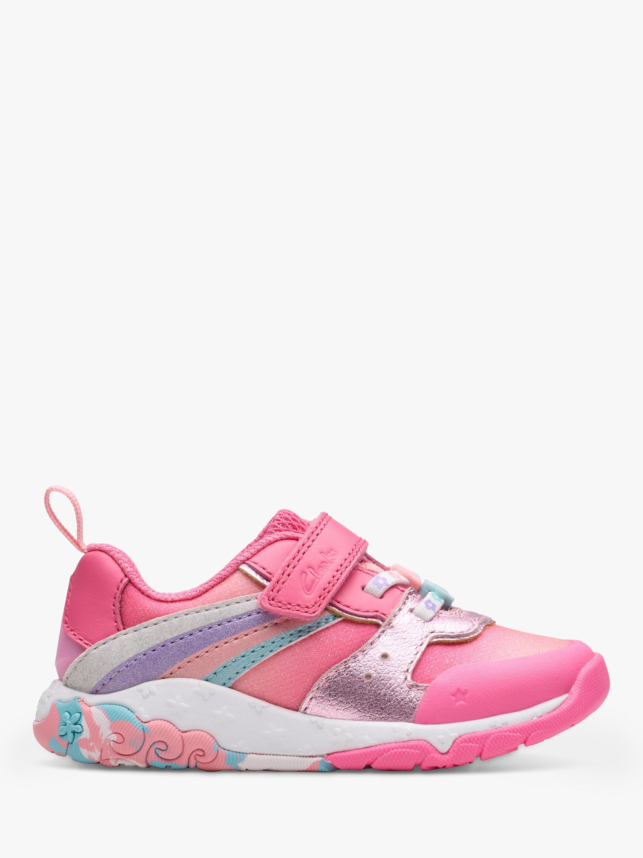 Product image 1 of 8, which shows Clarks Kids' Tidal Star Riptape Trainers, Bright Pink, 4 G Jnr