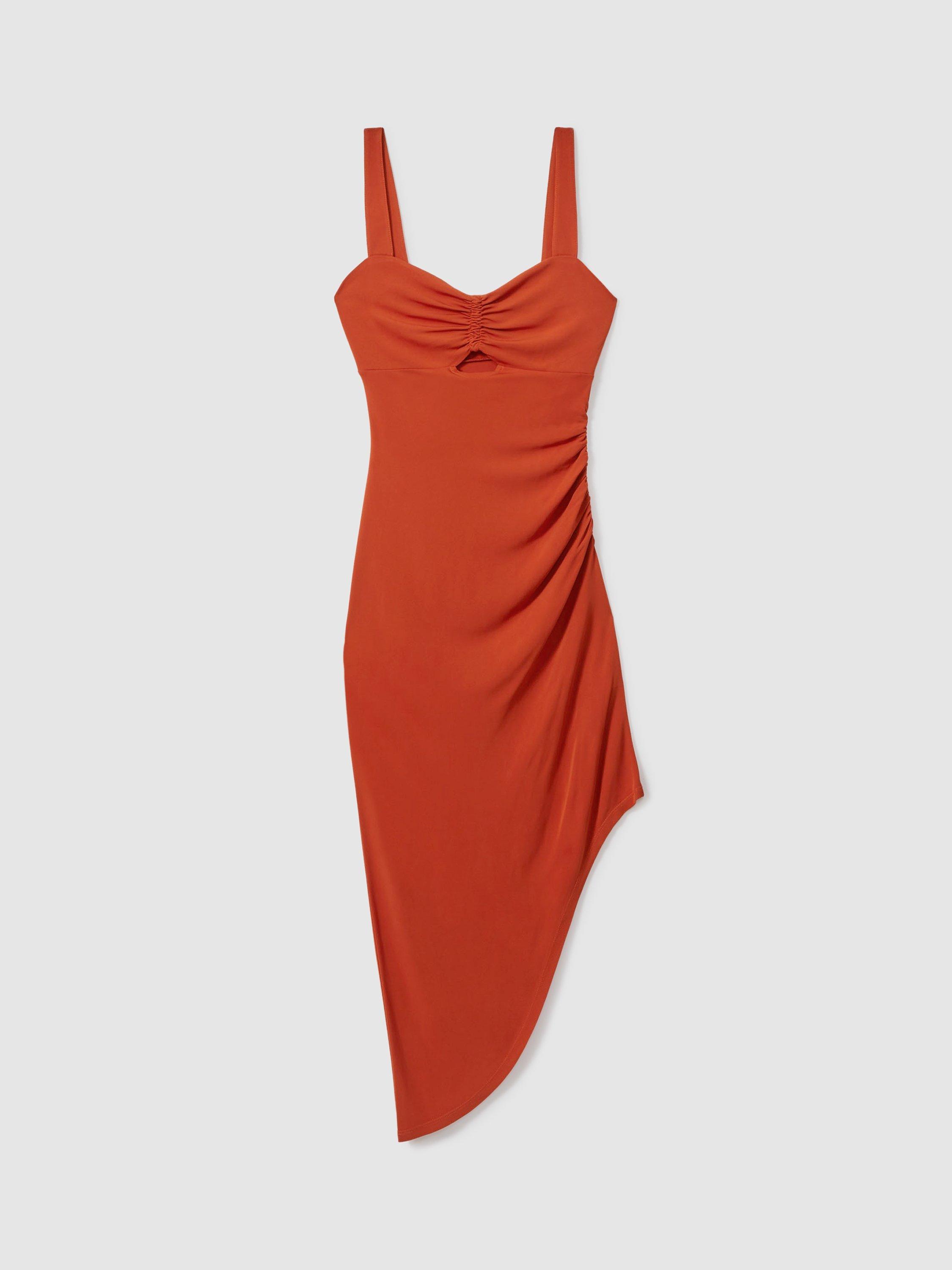 Product image 5 of 5, which shows Reiss Carla Asymmetric Bodycon Dress, Rust, 12