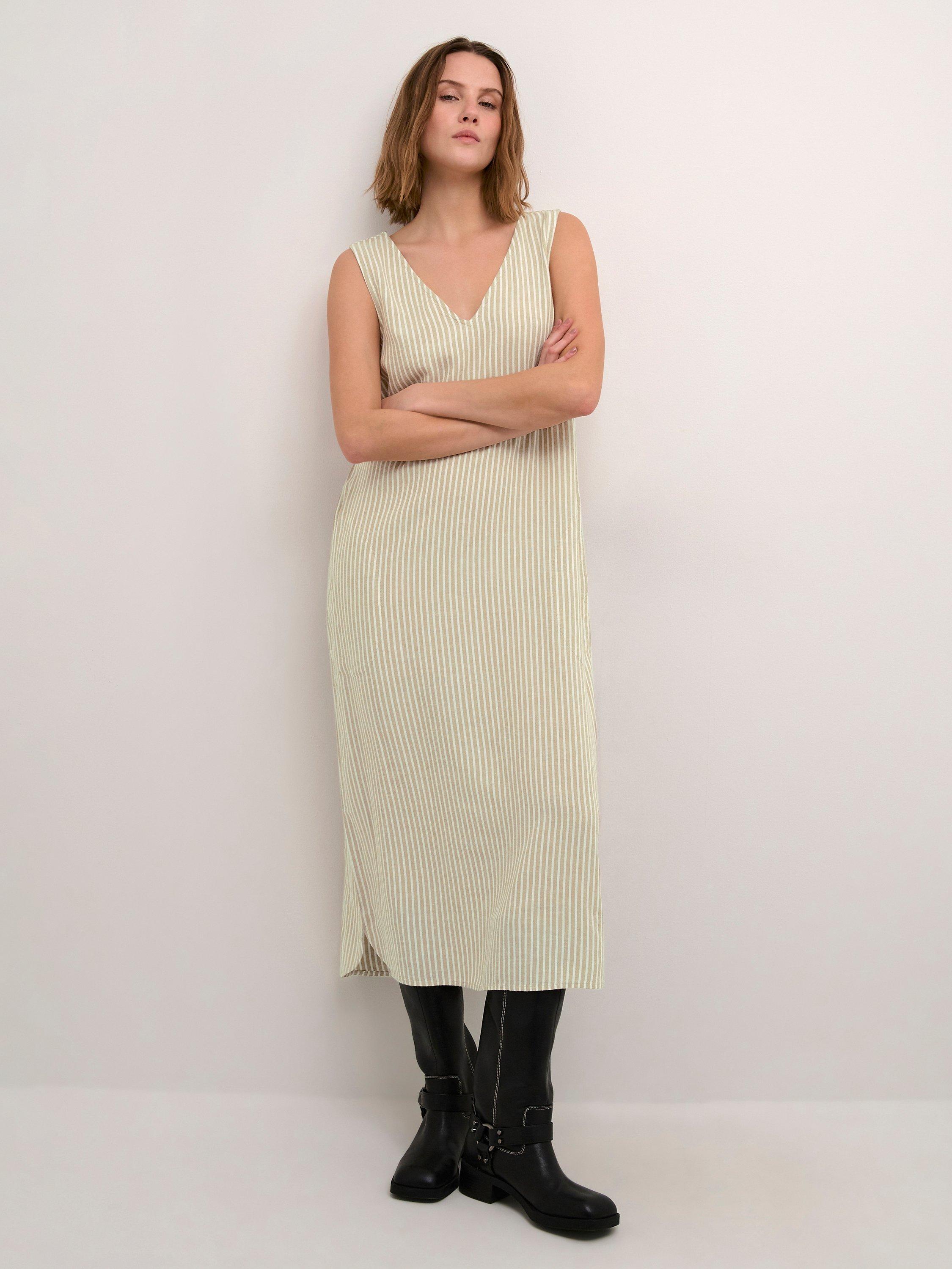 KAFFE Milia Stripe Linen Blend Sleeveless Midi Dress